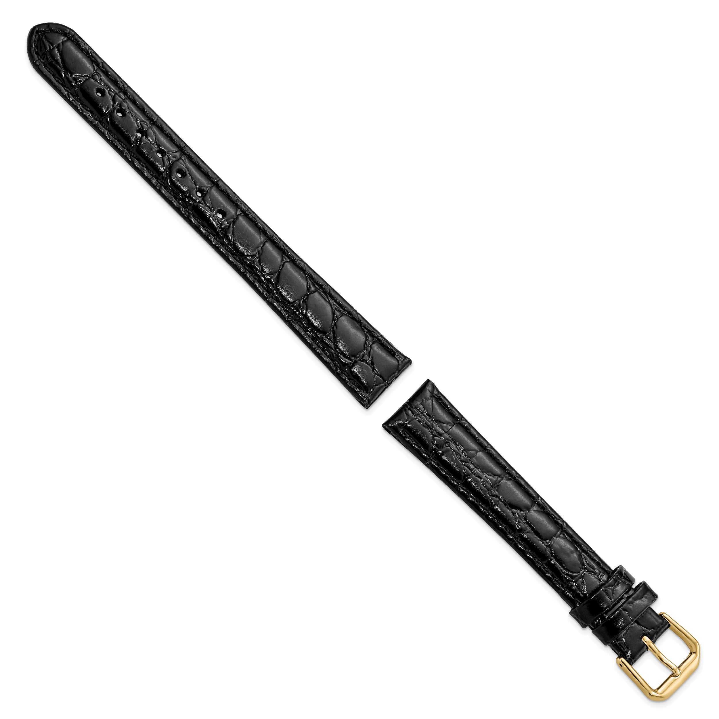 16mm Long Black Alligator Grain Leather with Gold-tone Buckle 8.5 inch Watch Band - 16 / 8.5