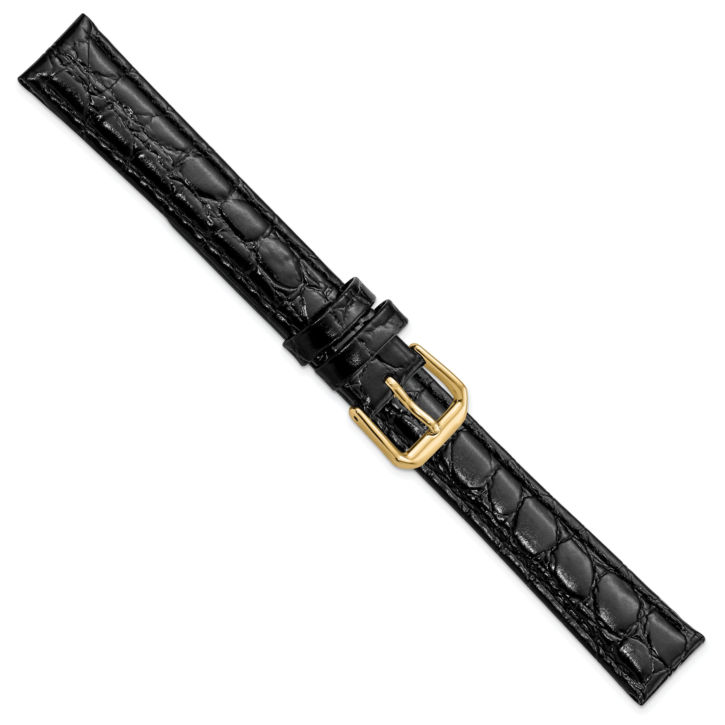 16mm Long Black Alligator Grain Leather with Gold-tone Buckle 8.5 inch Watch Band