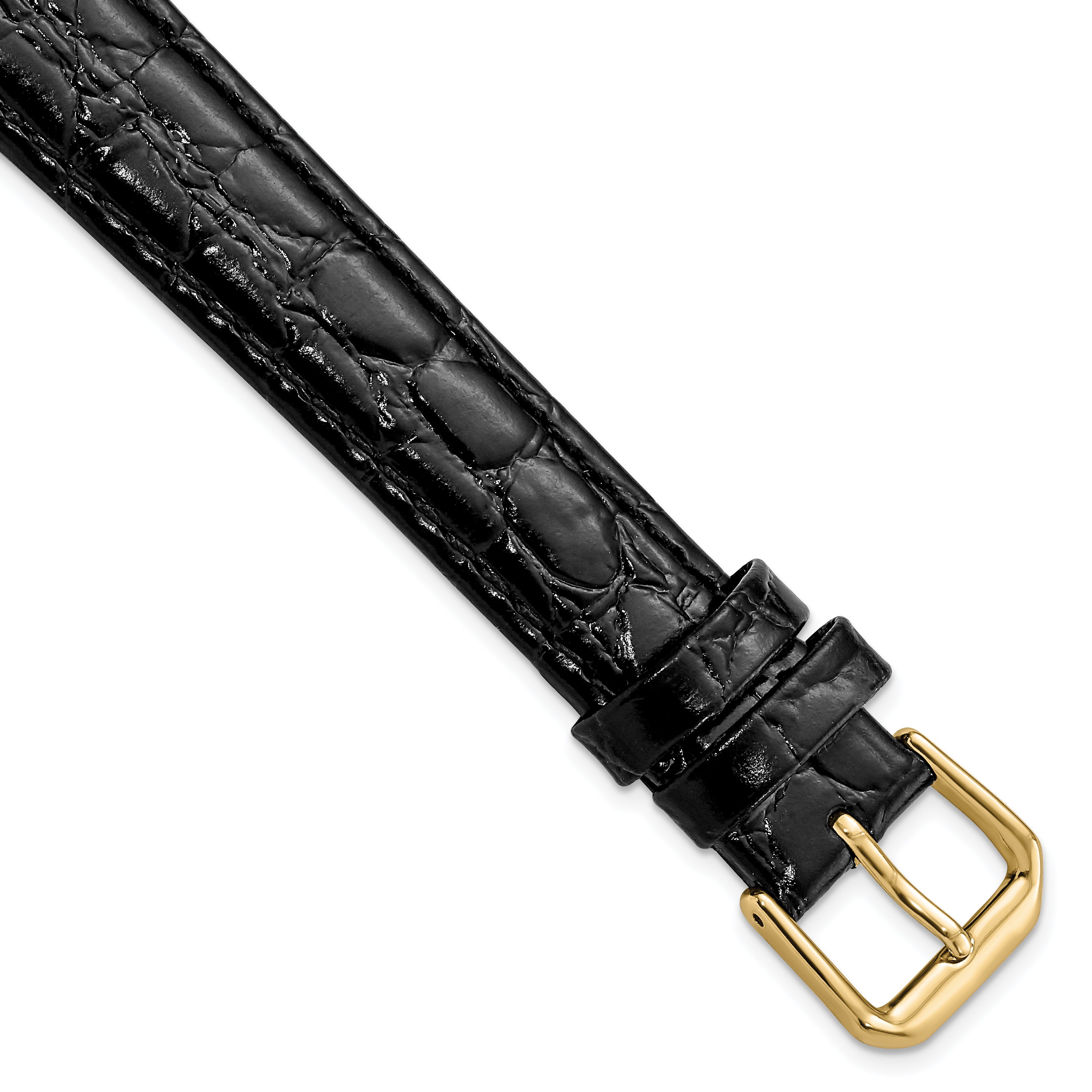 DeBeer 16mm Long Black Alligator Grain Leather with Gold-tone Buckle 8.5 inch Watch Band