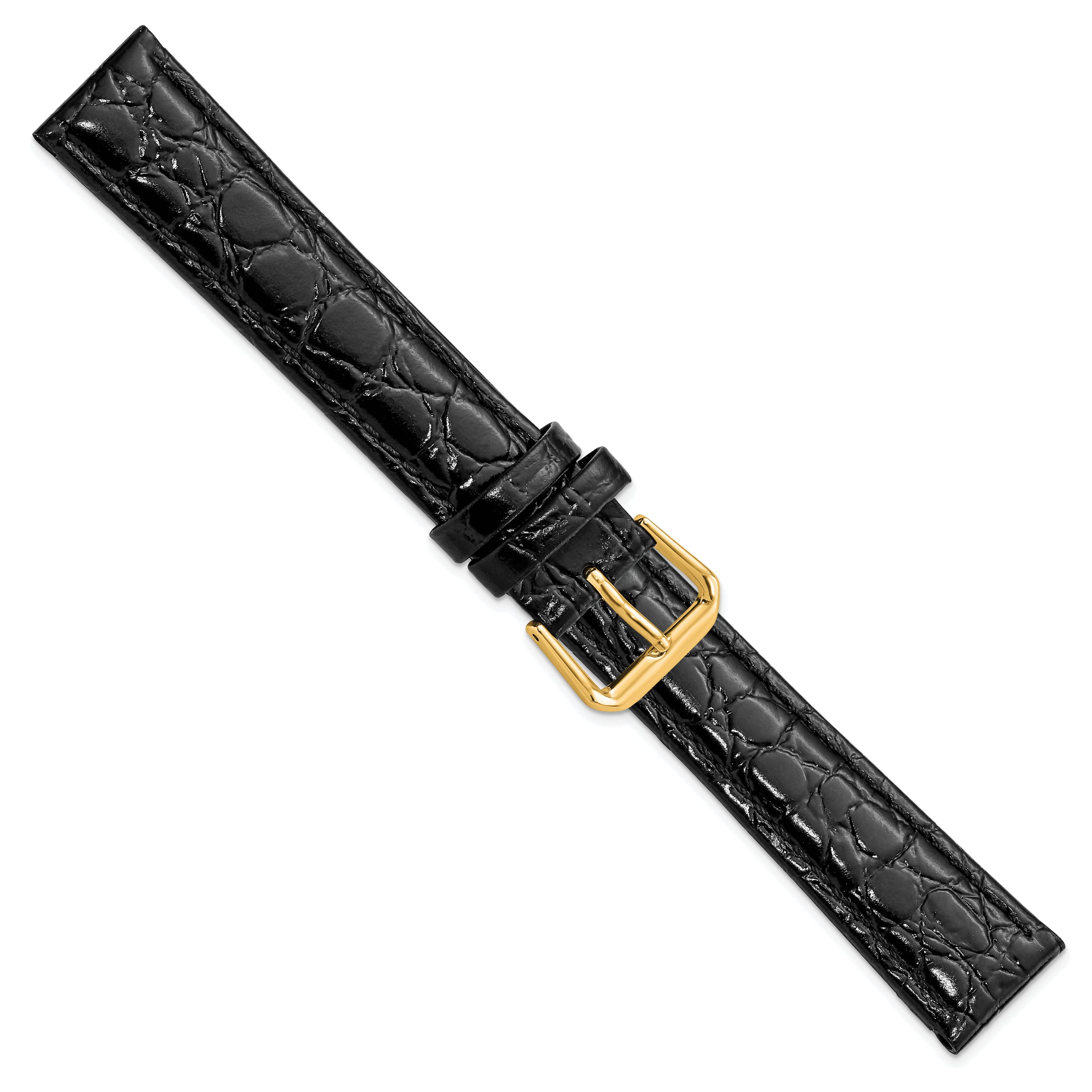 16mm Long Black Alligator Grain Leather with Gold-tone Buckle 8.5 inch Watch Band