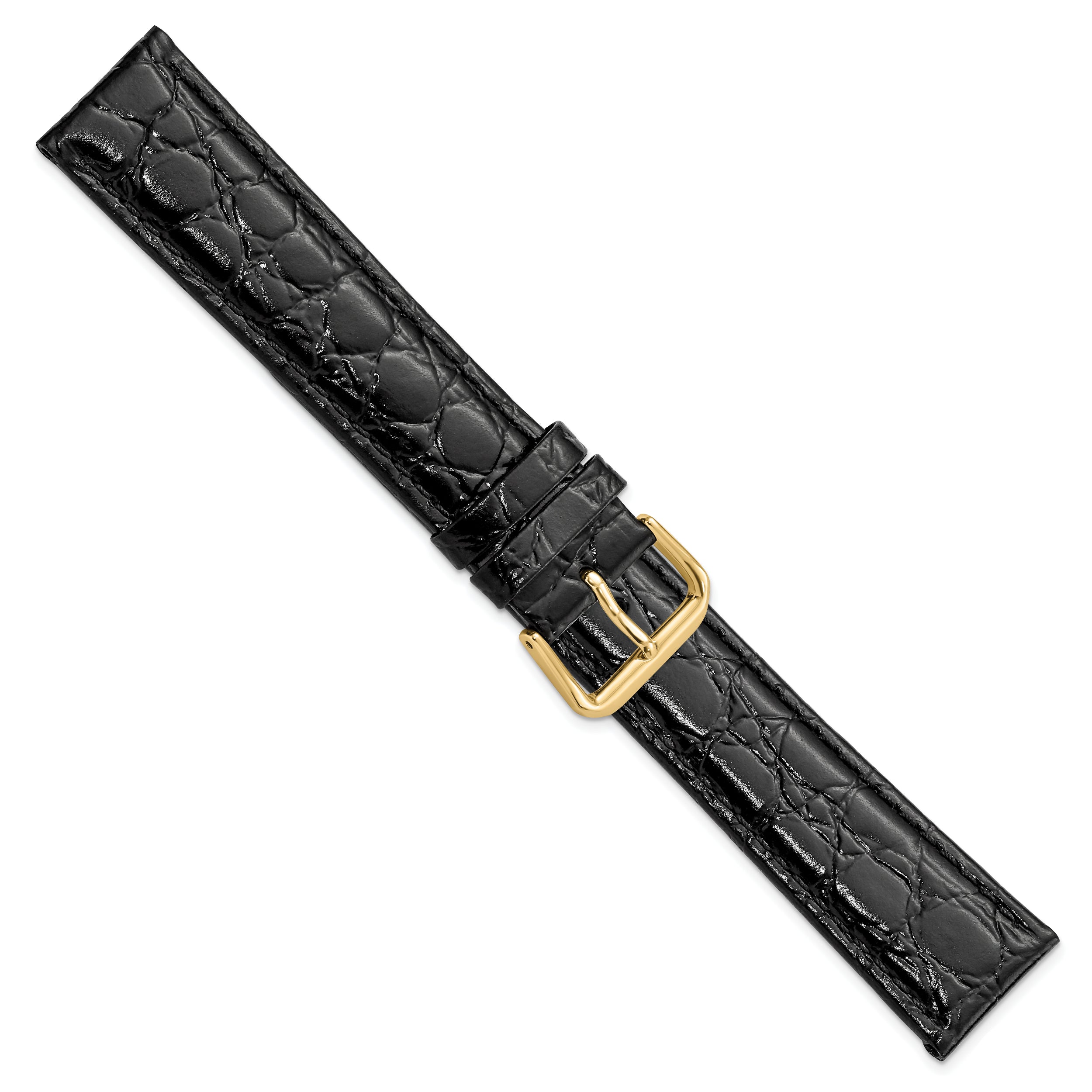 16mm Long Black Alligator Grain Leather with Gold-tone Buckle 8.5 inch Watch Band