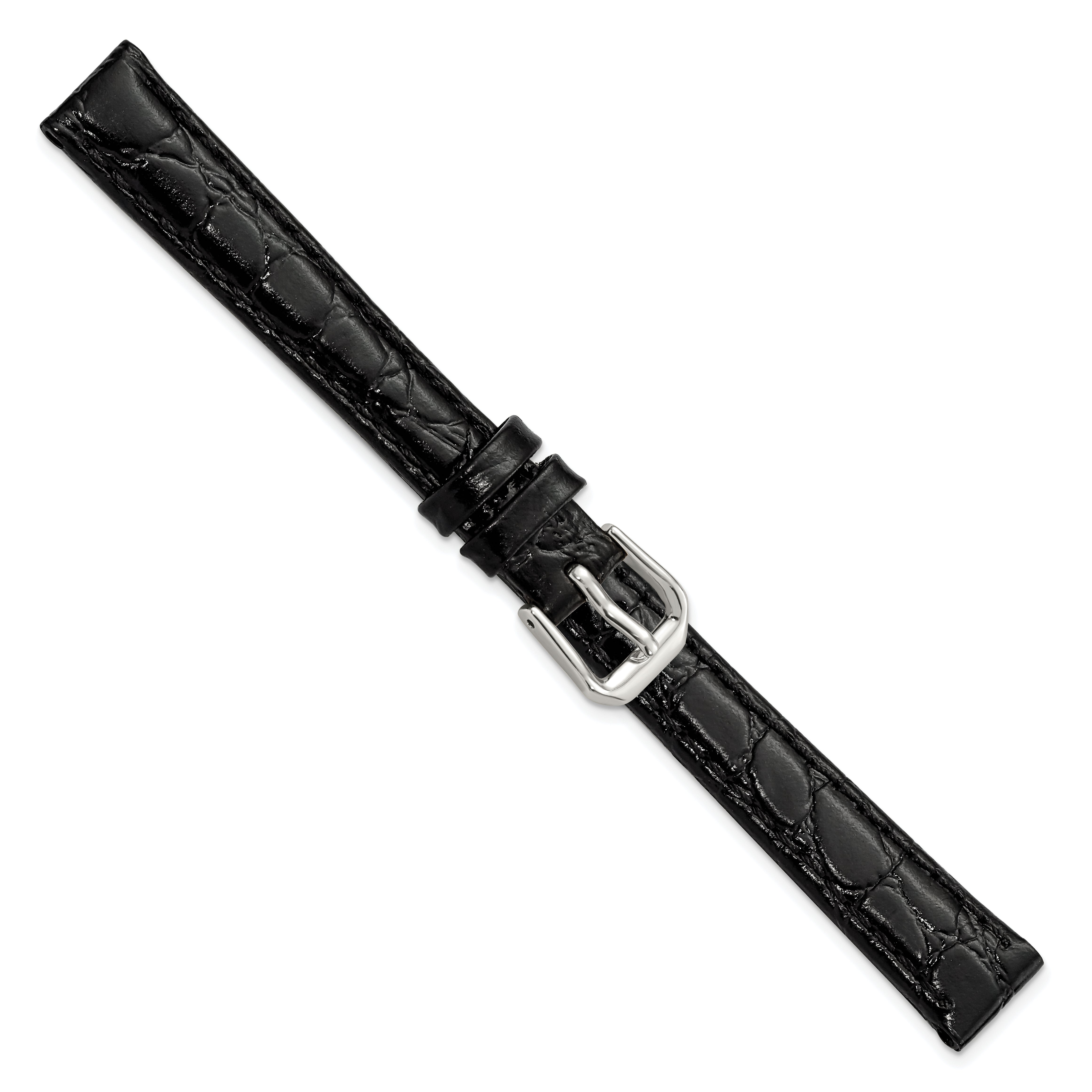10mm Black Alligator Grain Leather with Silver-tone Buckle 6.75 inch Watch Band