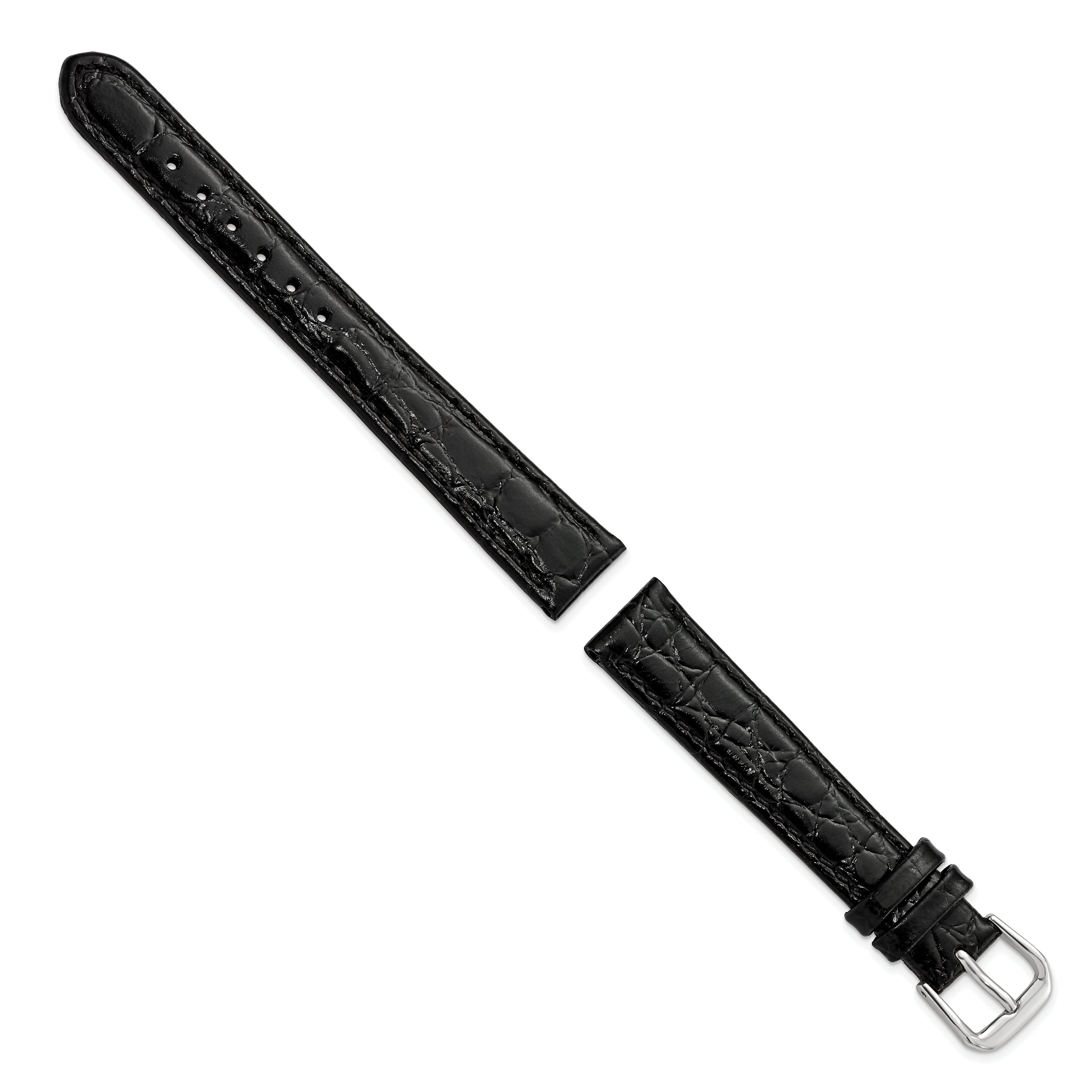 10mm Black Alligator Grain Leather with Silver-tone Buckle 6.75 inch Watch Band