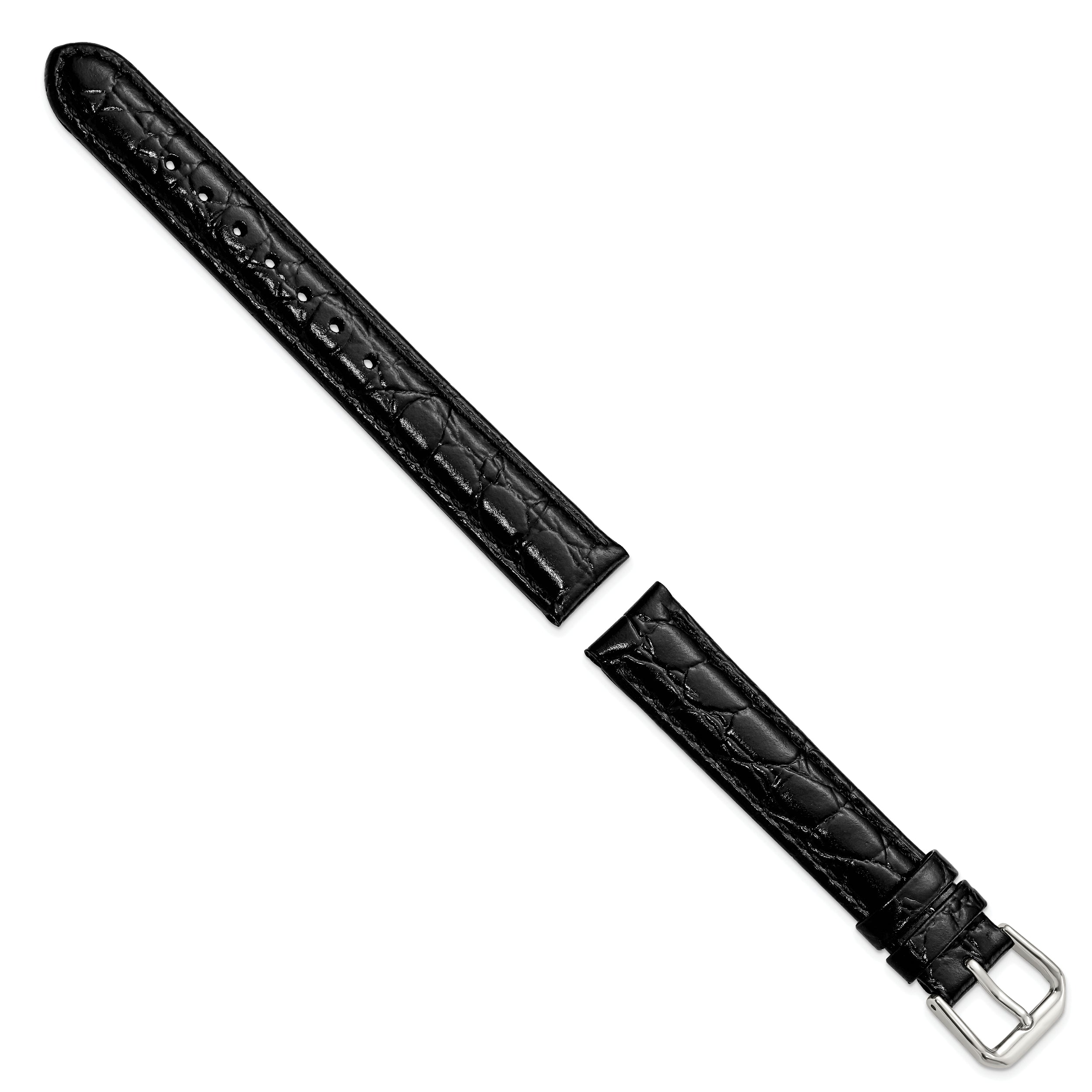 10mm Black Alligator Grain Leather with Silver-tone Buckle 6.75 inch Watch Band