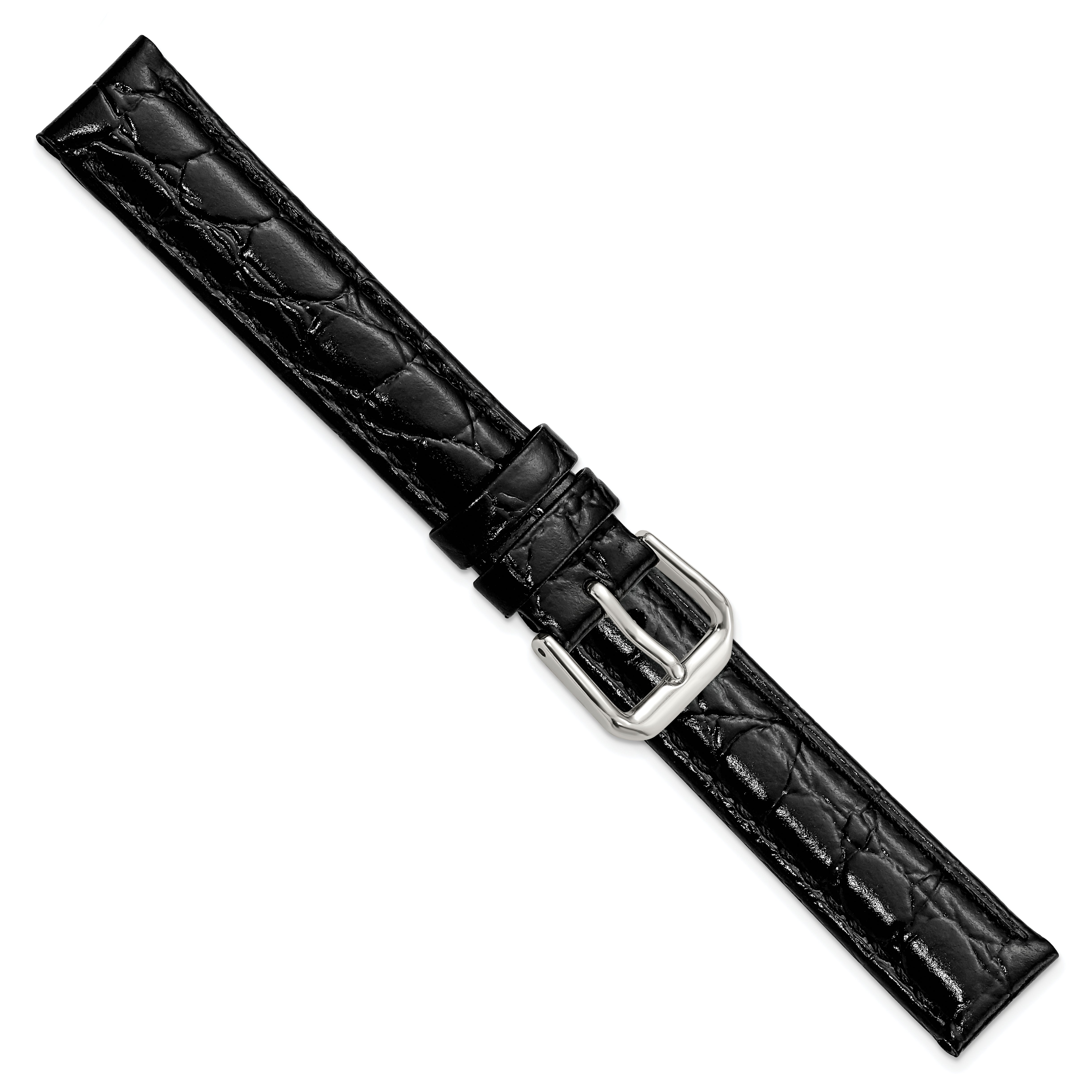 10mm Black Alligator Grain Leather with Silver-tone Buckle 6.75 inch Watch Band