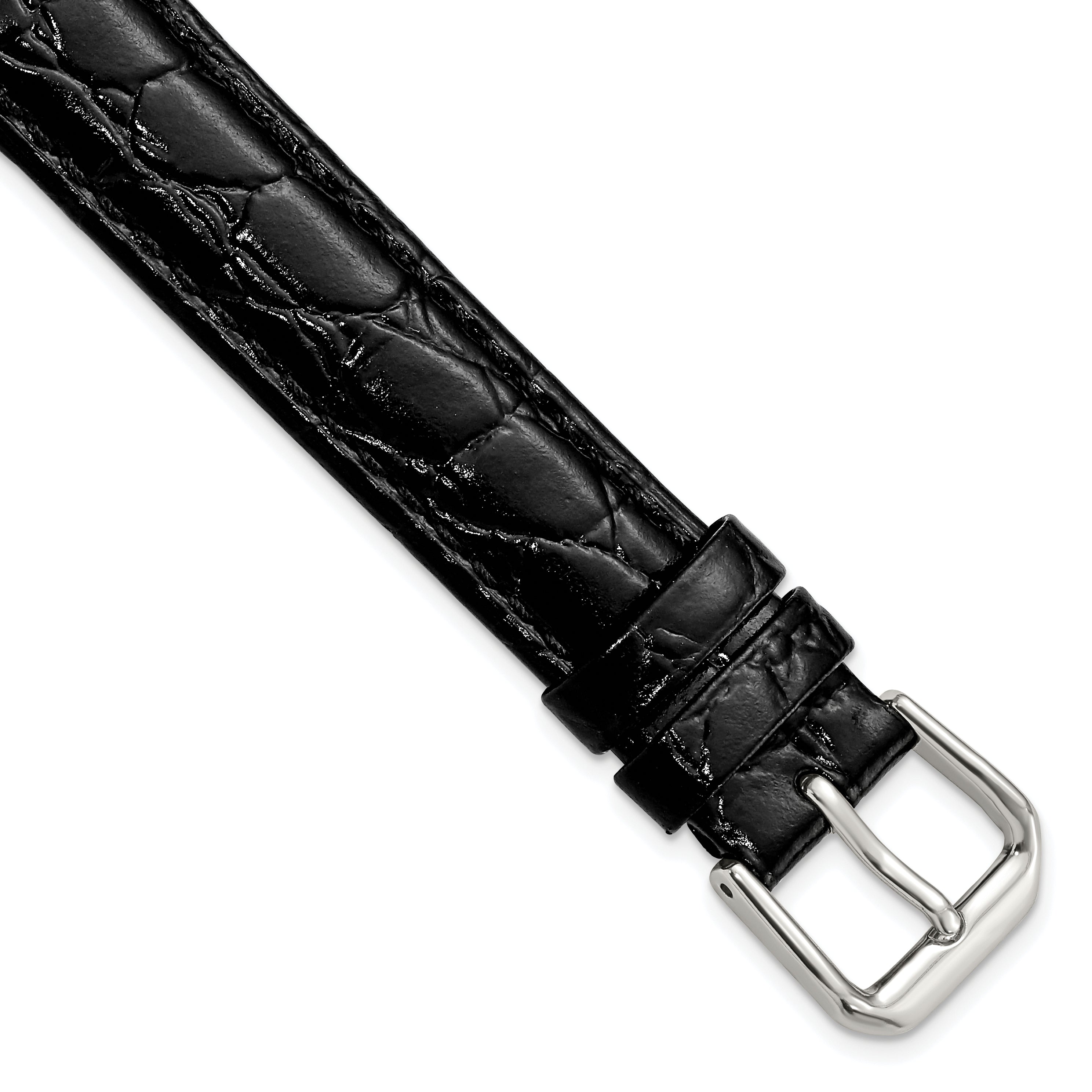 DeBeer 15mm Black Alligator Grain Leather with Silver-tone Buckle 7.5 inch Watch Band