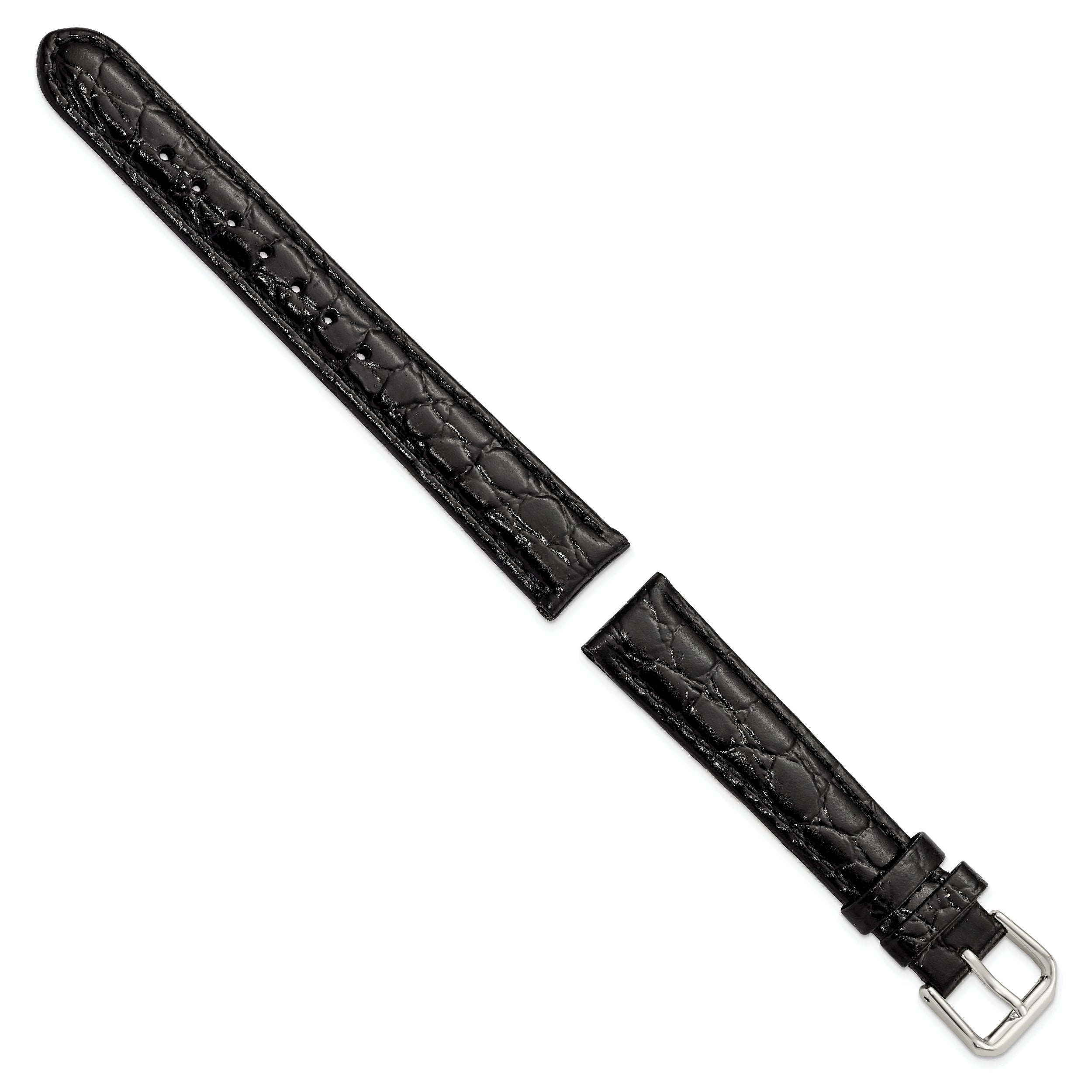 10mm Black Alligator Grain Leather with Silver-tone Buckle 6.75 inch Watch Band