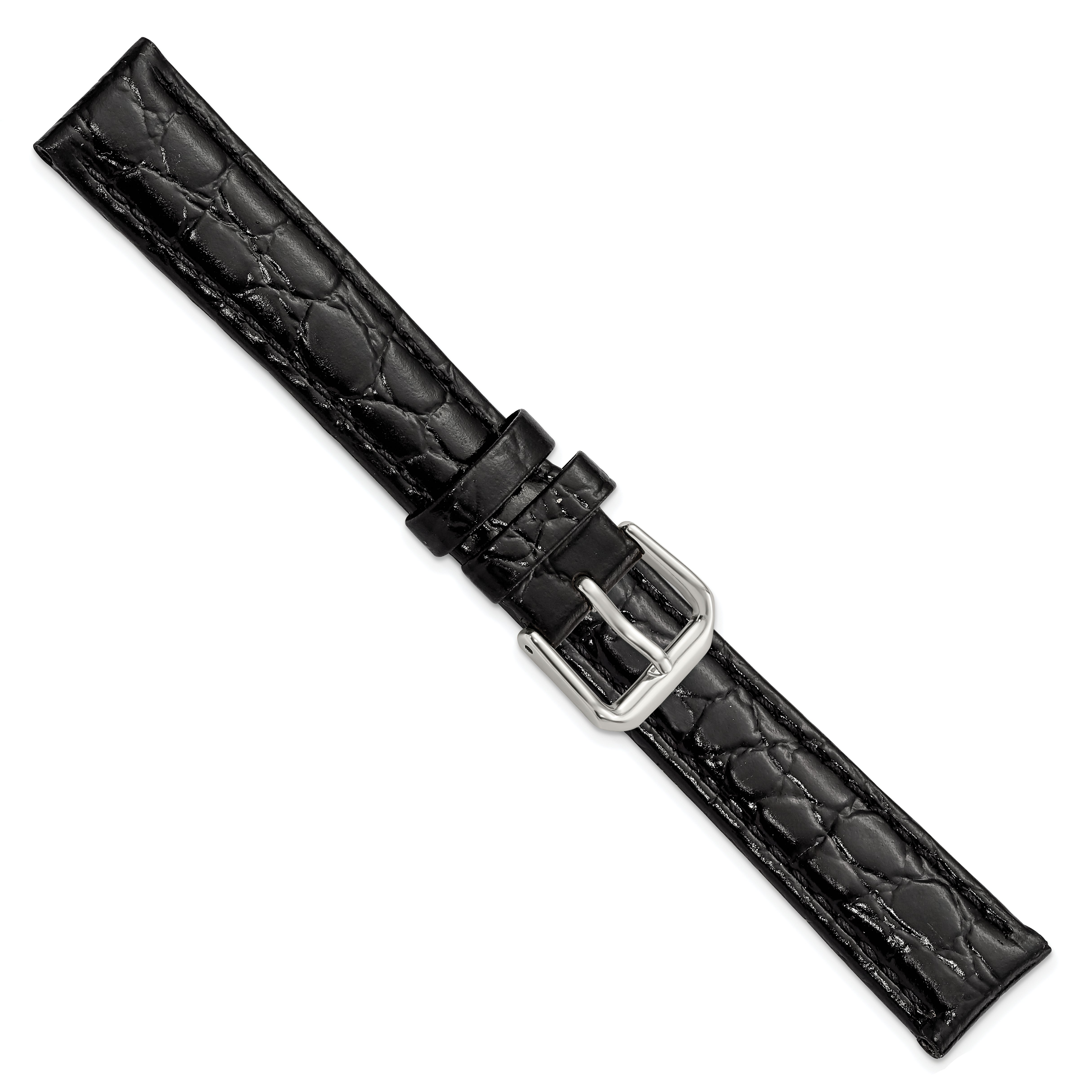 10mm Black Alligator Grain Leather with Silver-tone Buckle 6.75 inch Watch Band