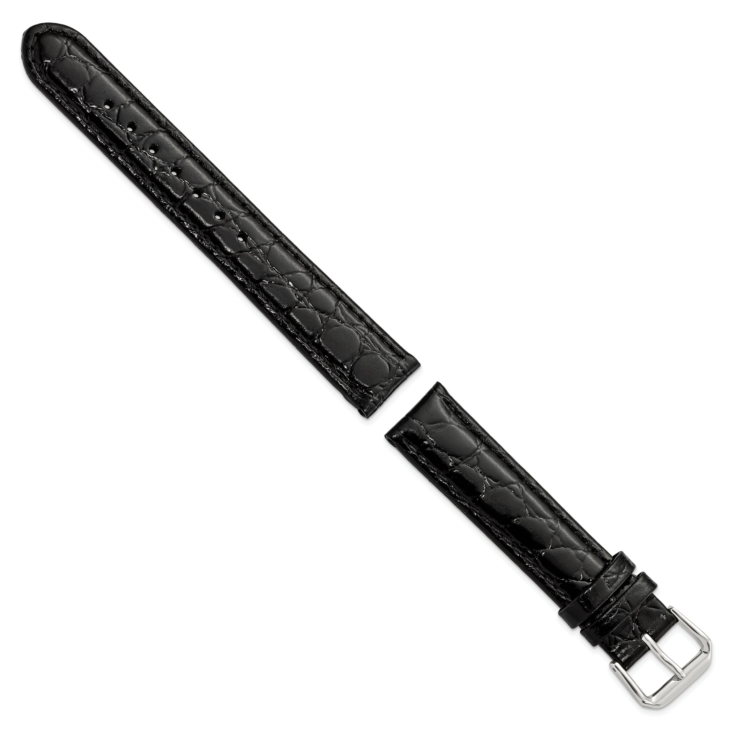 10mm Black Alligator Grain Leather with Silver-tone Buckle 6.75 inch Watch Band