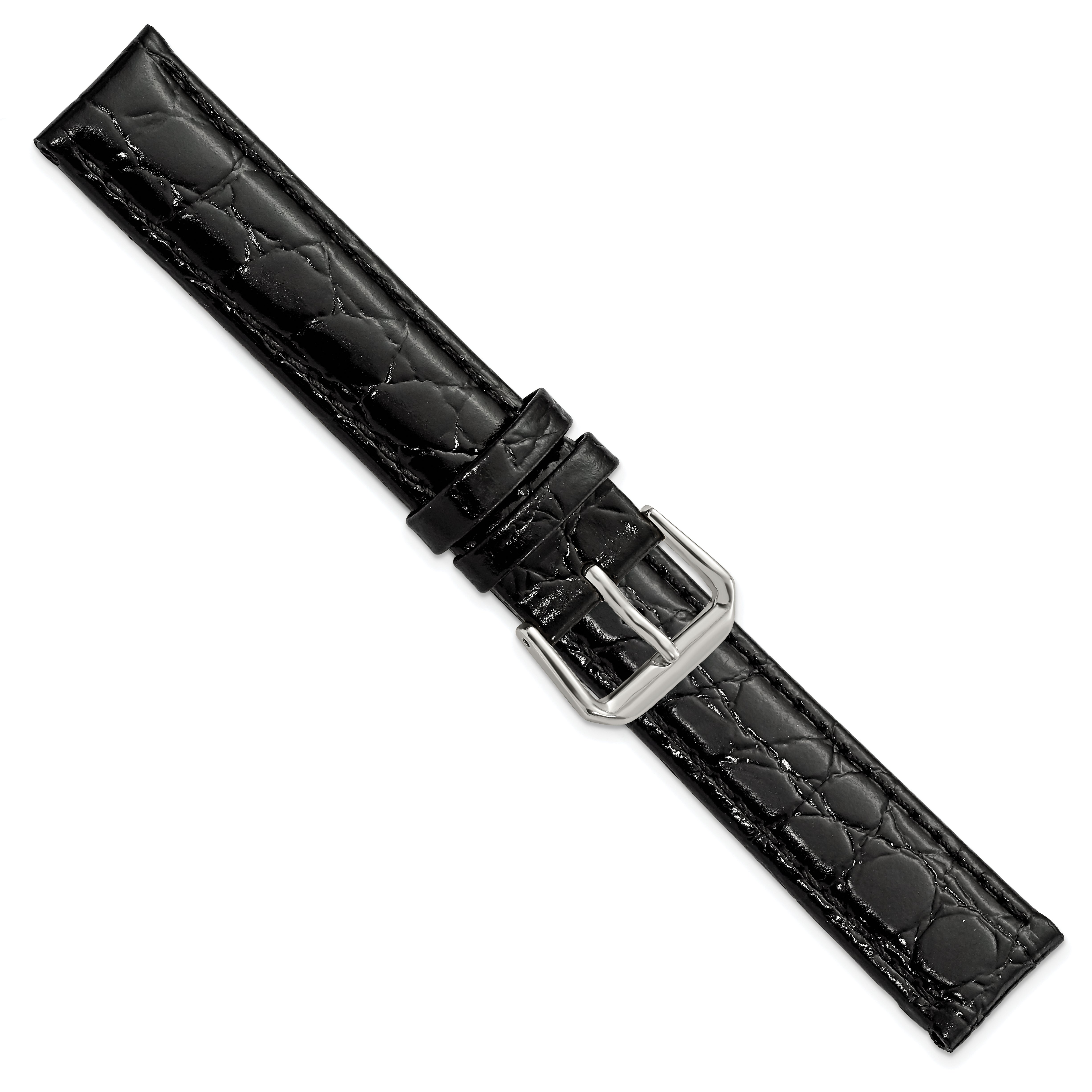 10mm Black Alligator Grain Leather with Silver-tone Buckle 6.75 inch Watch Band
