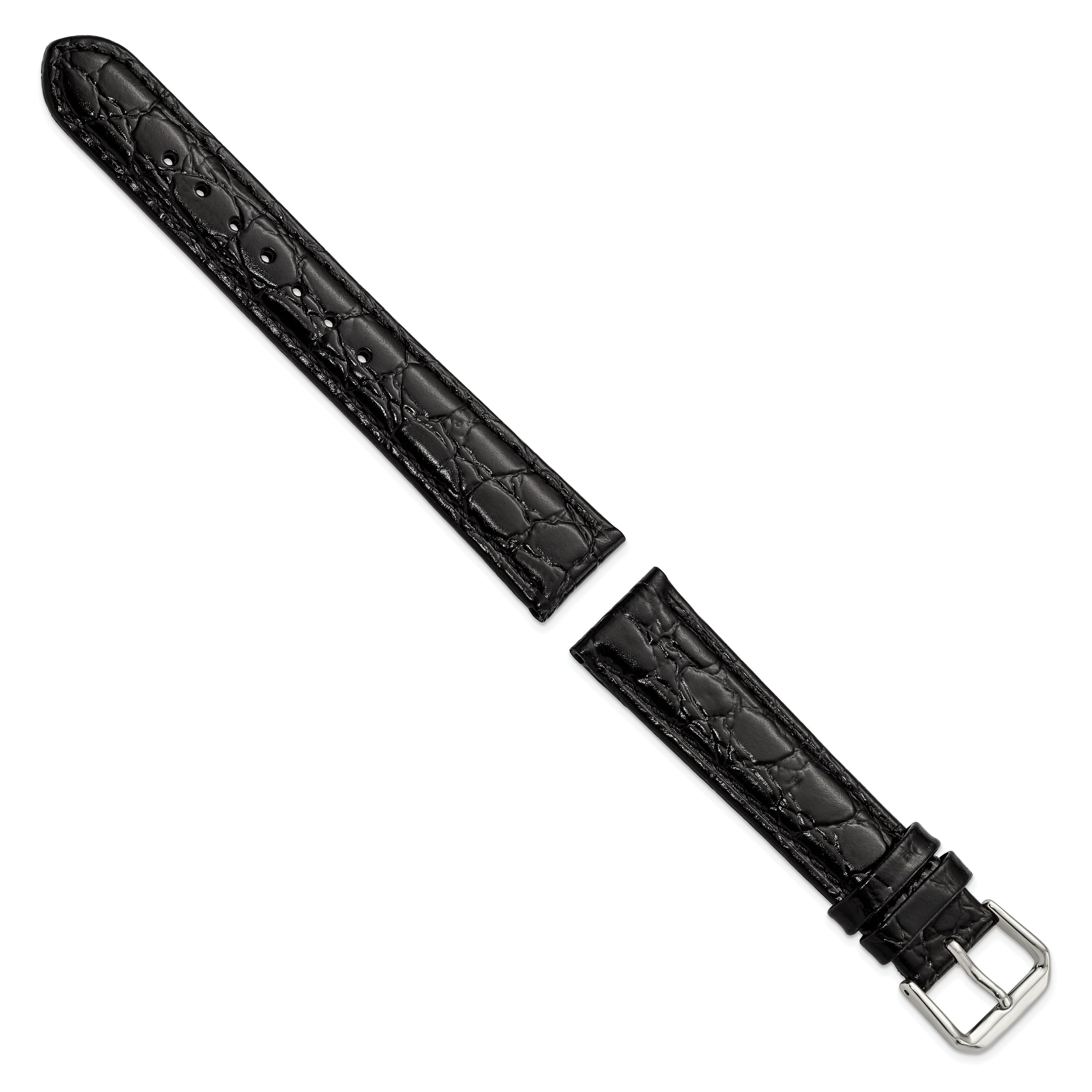 10mm Black Alligator Grain Leather with Silver-tone Buckle 6.75 inch Watch Band