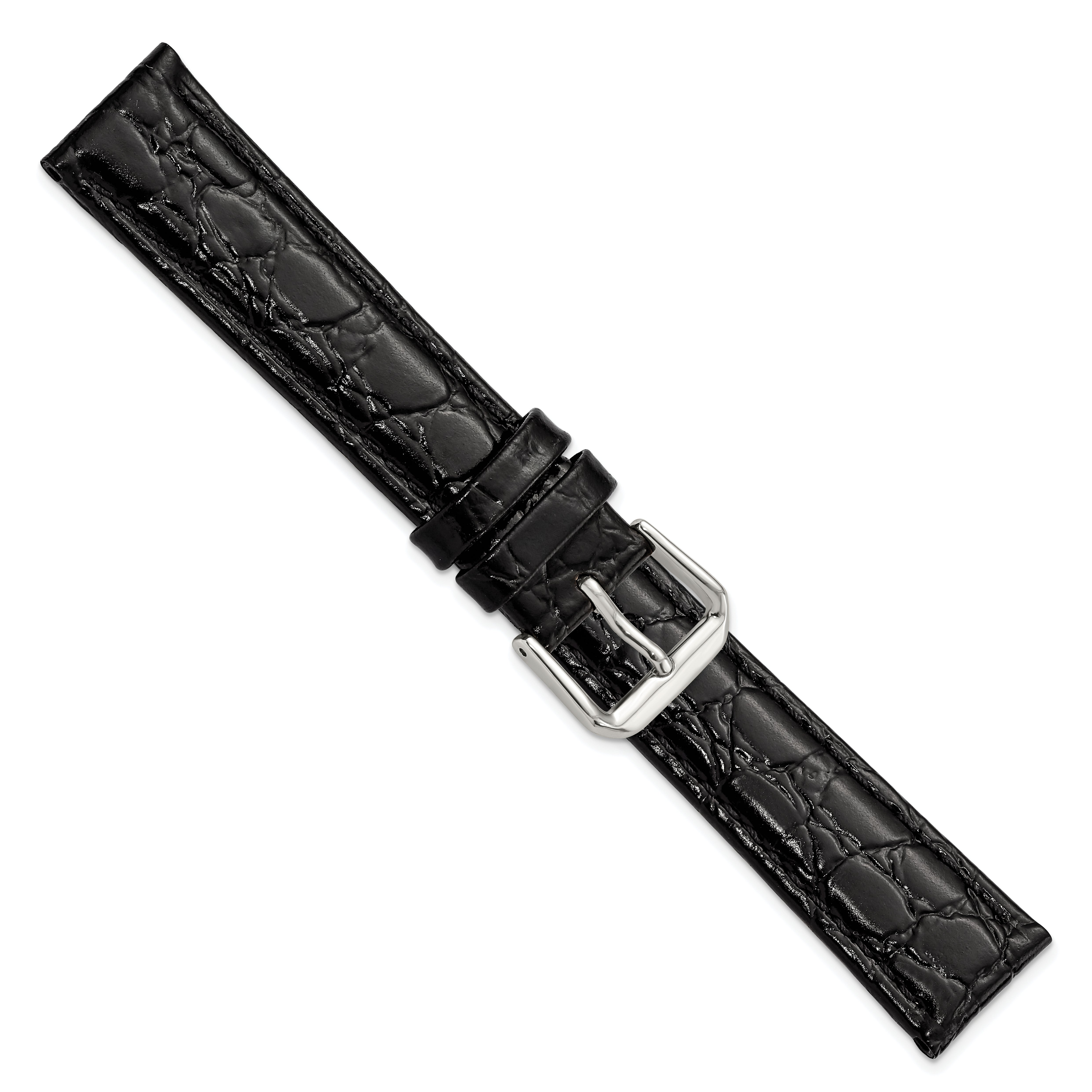 10mm Black Alligator Grain Leather with Silver-tone Buckle 6.75 inch Watch Band