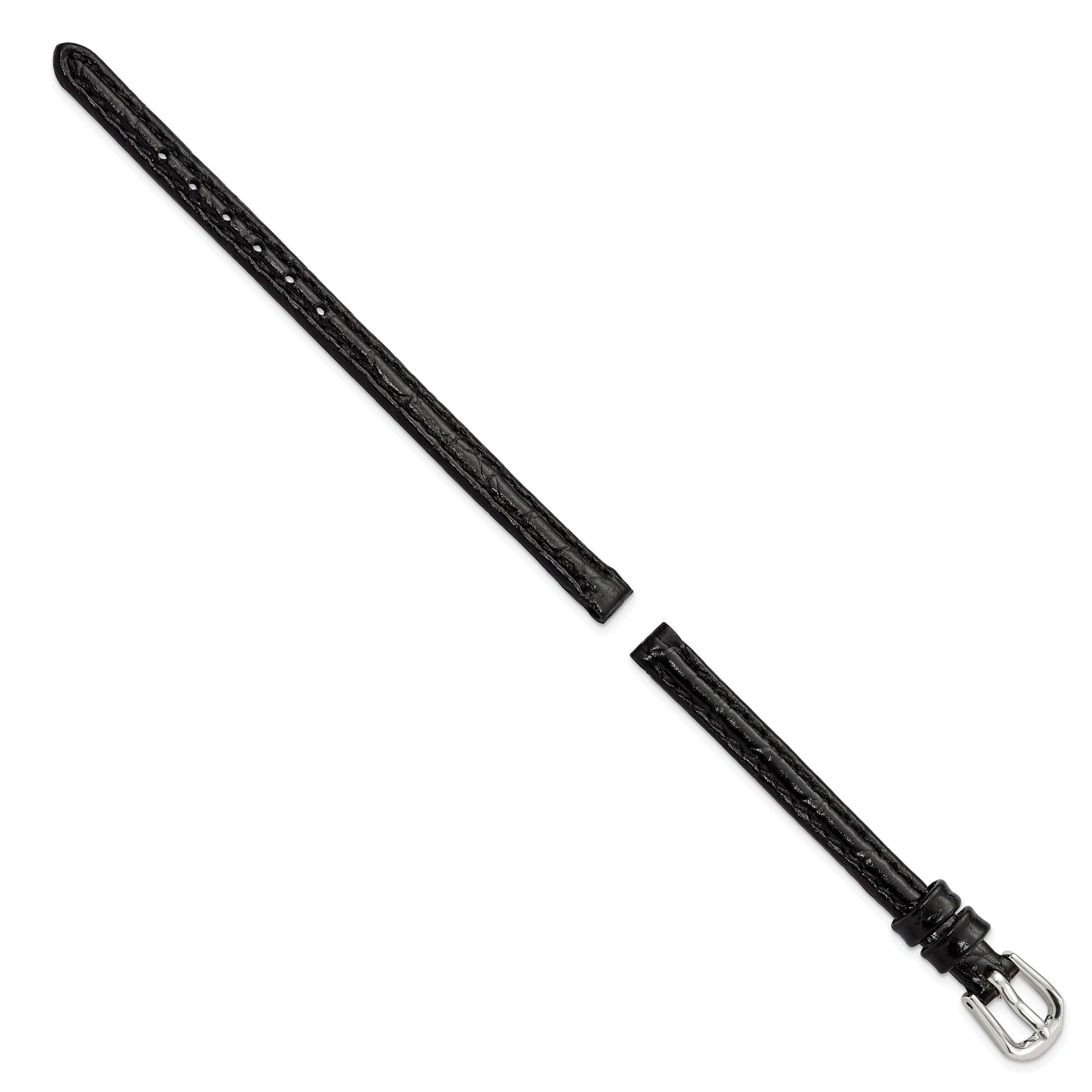 10mm Black Alligator Grain Leather with Silver-tone Buckle 6.75 inch Watch Band