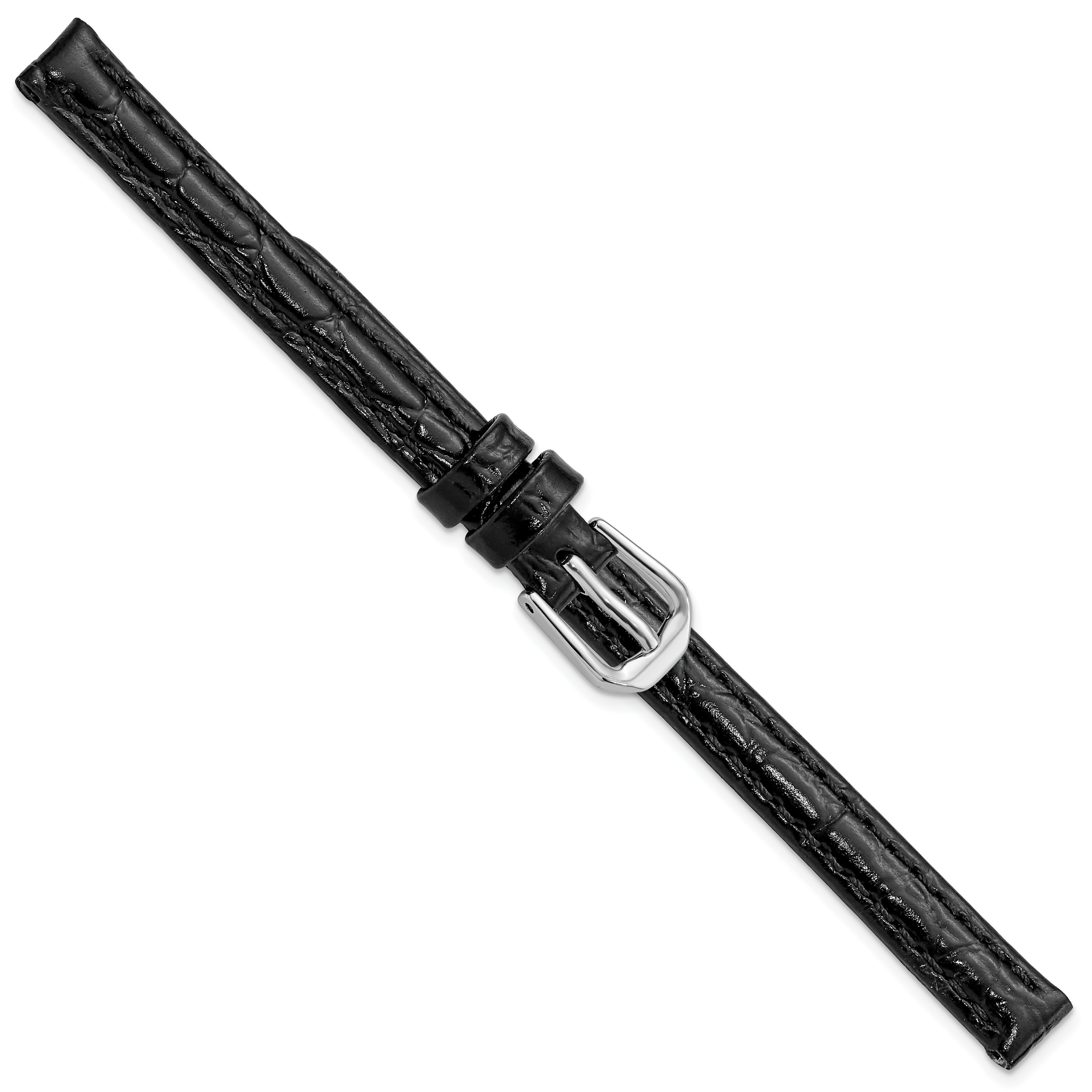 10mm Black Alligator Grain Leather with Silver-tone Buckle 6.75 inch Watch Band