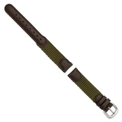 16mm Olive Army Style Nylon and Brown Leather with Stainless Steel Buckle 7.75 inch Watch Band - 16 / 7.75