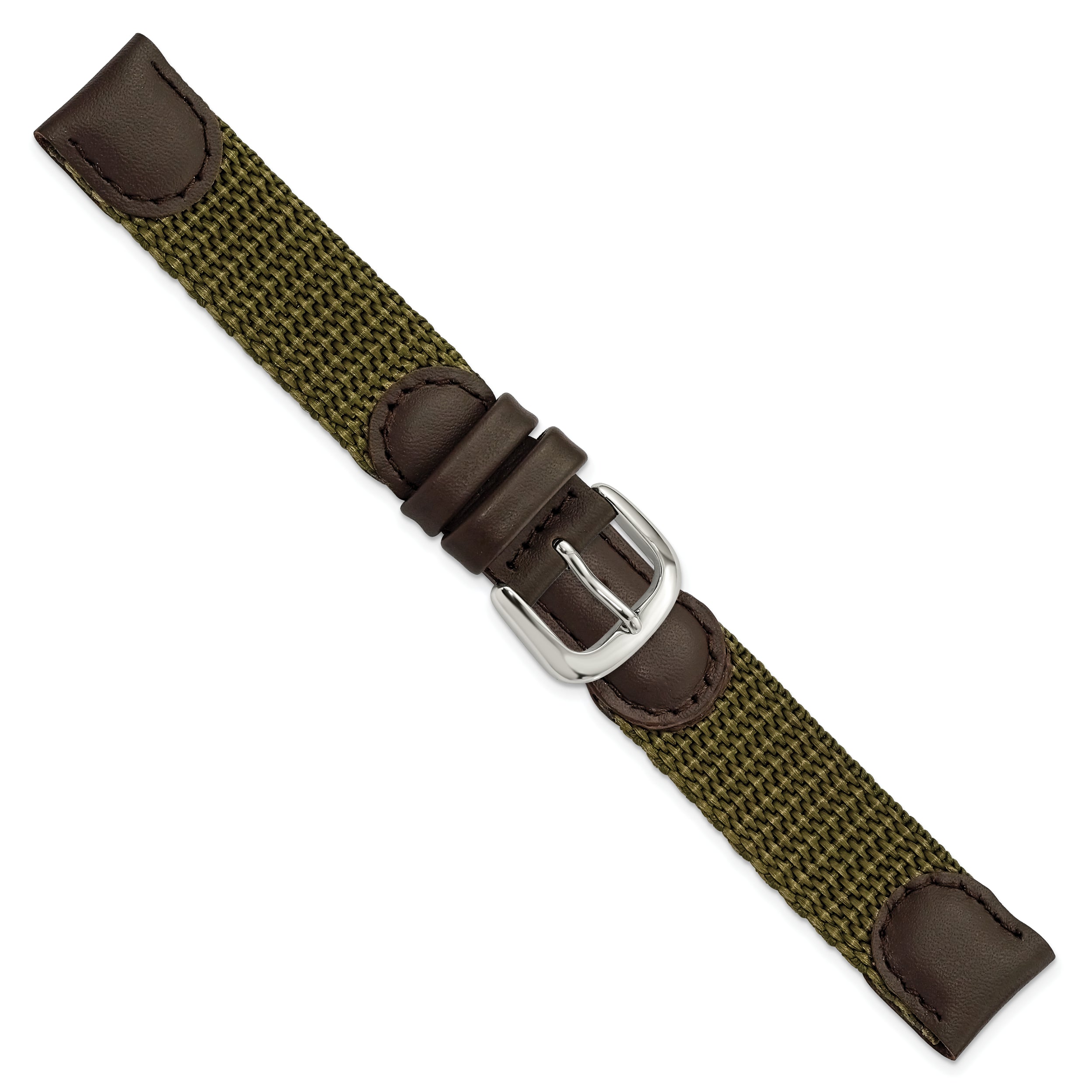 16mm Olive Army Style Nylon and Brown Leather with Stainless Steel Buckle 7.75 inch Watch Band - 16 / 7.75