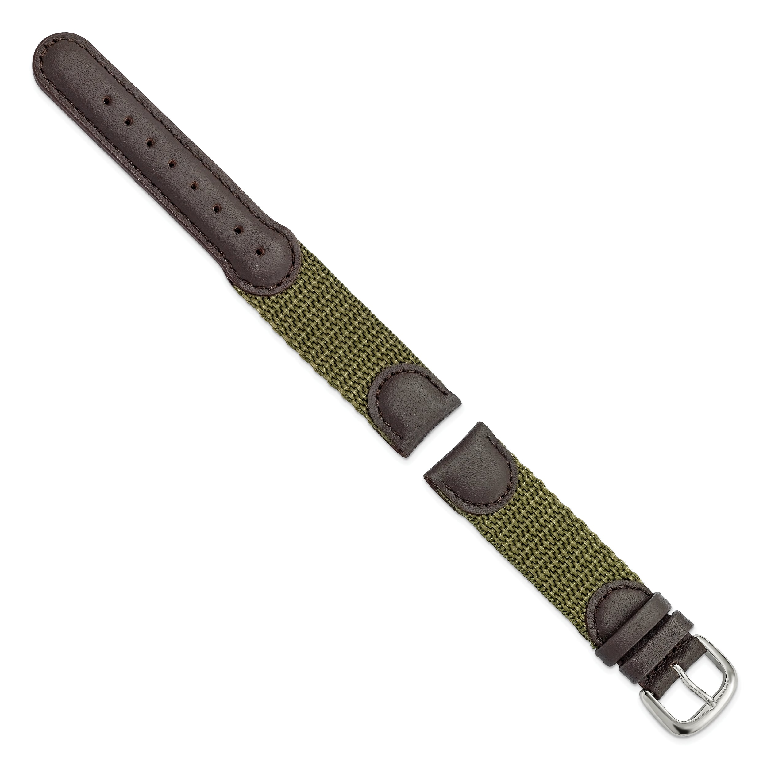 16mm Olive Army Style Nylon and Brown Leather with Stainless Steel Buckle 7.75 inch Watch Band - 16 / 7.75