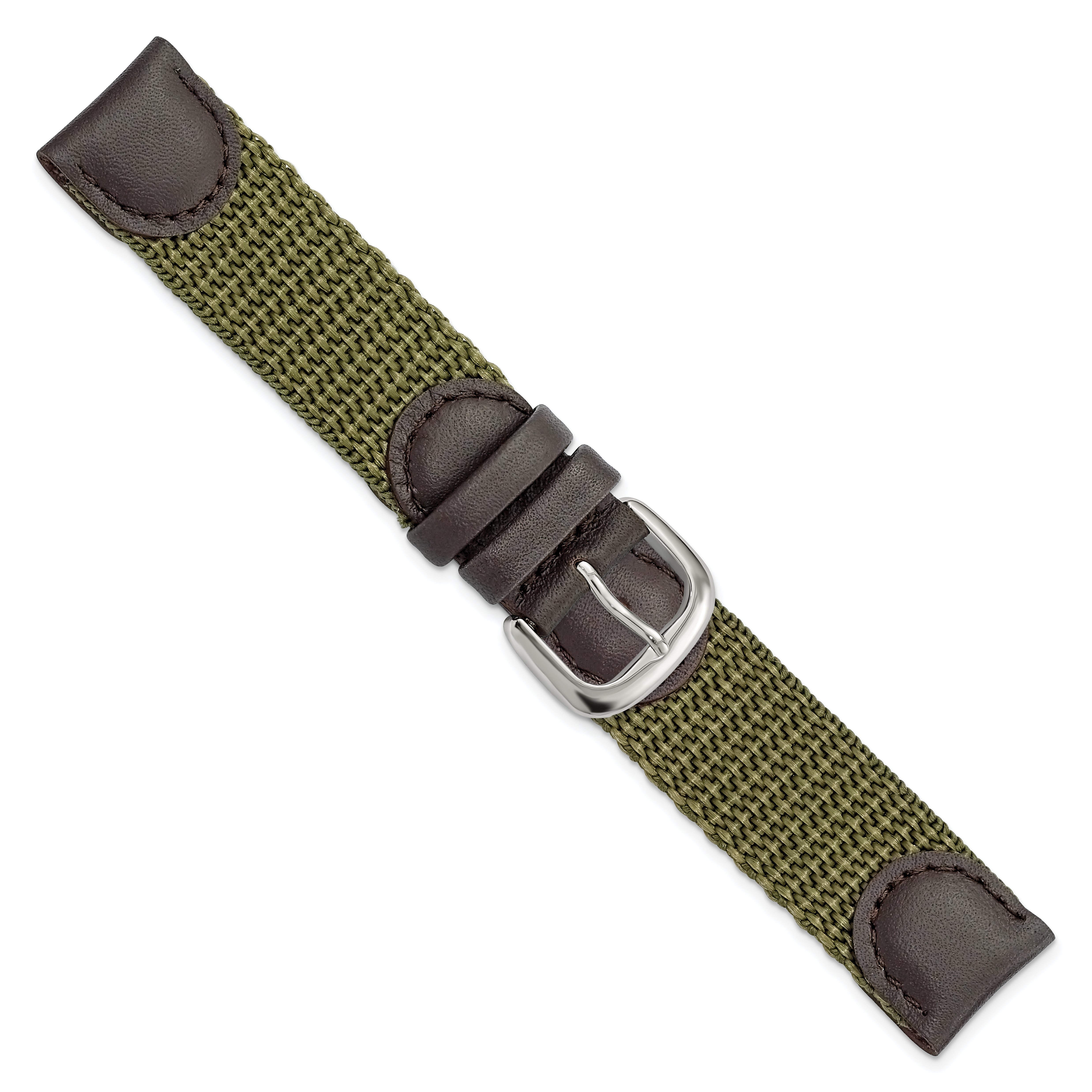 16mm Olive Army Style Nylon and Brown Leather with Stainless Steel Buckle 7.75 inch Watch Band - 16 / 7.75
