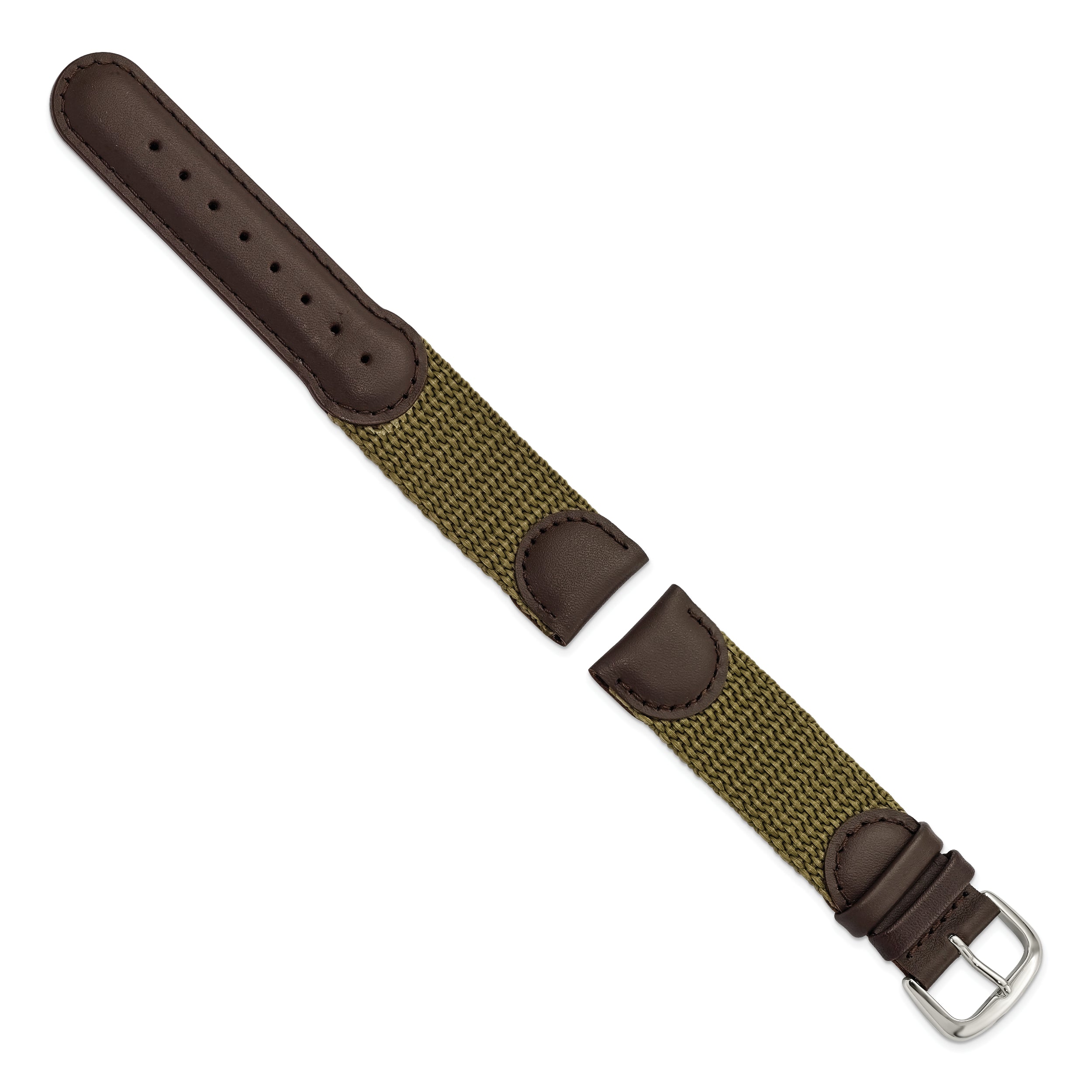16mm Olive Army Style Nylon and Brown Leather with Stainless Steel Buckle 7.75 inch Watch Band - 16 / 7.75