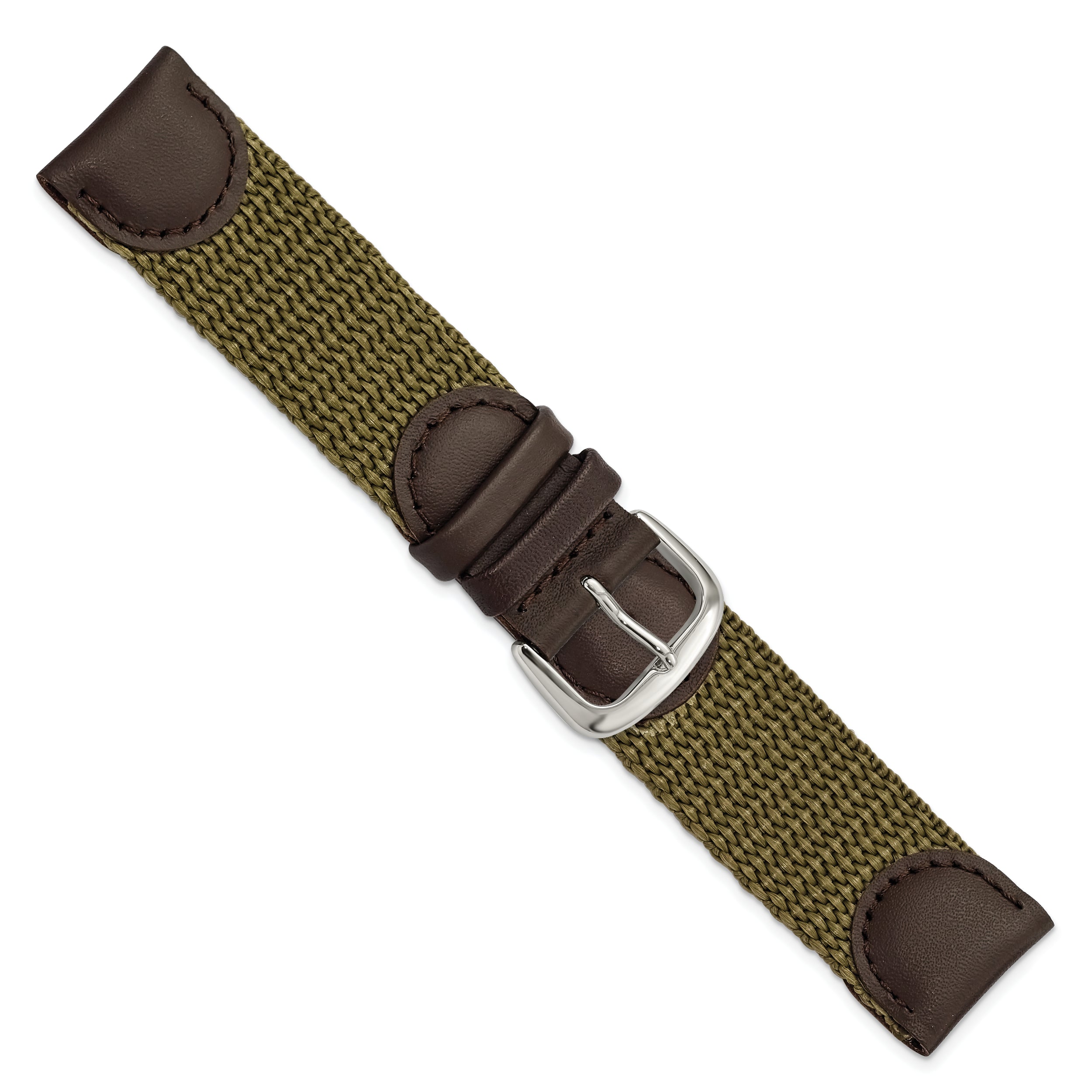 16mm Olive Army Style Nylon and Brown Leather with Stainless Steel Buckle 7.75 inch Watch Band - 16 / 7.75