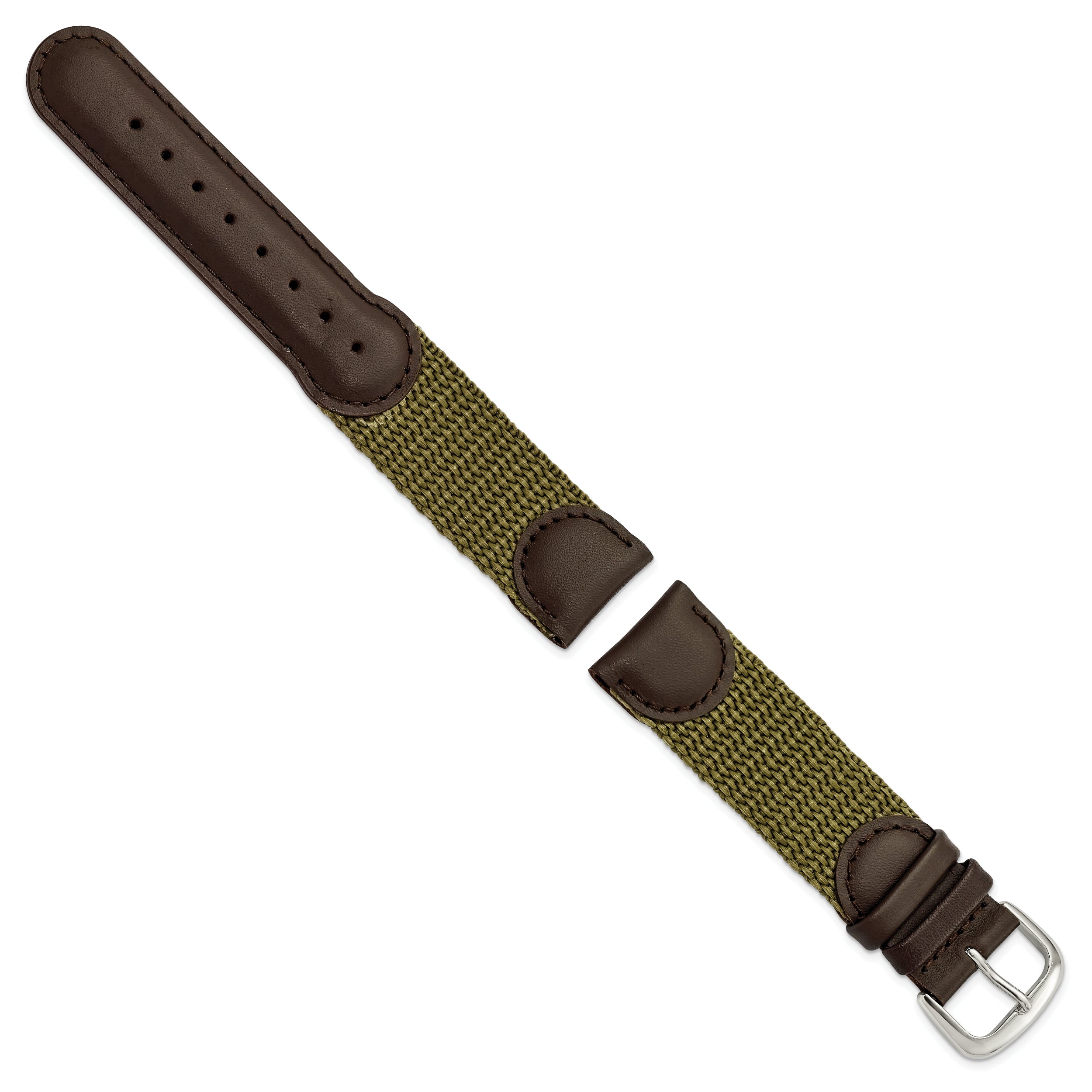 16mm Olive Army Style Nylon and Brown Leather with Stainless Steel Buckle 7.75 inch Watch Band - 16 / 7.75