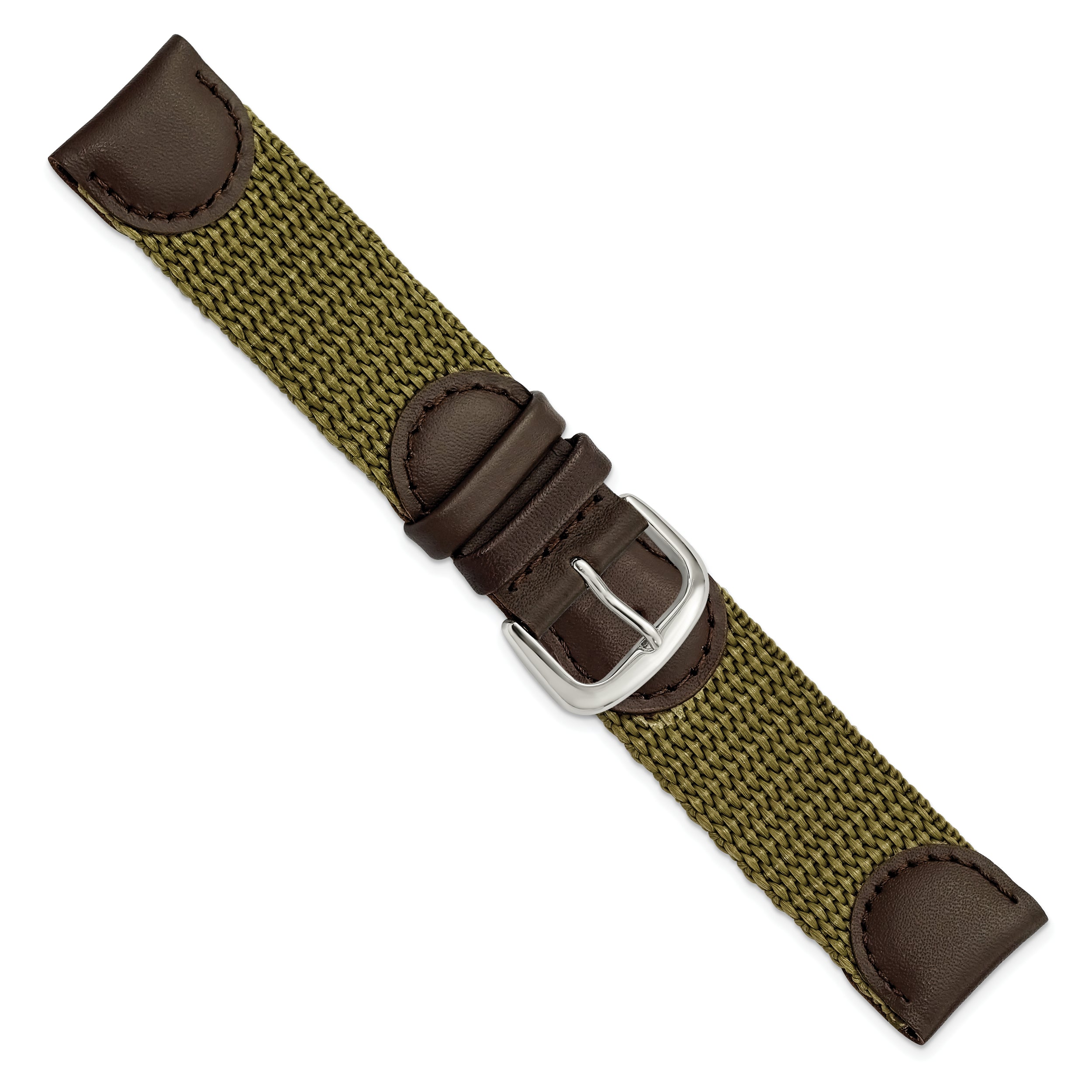 16mm Olive Army Style Nylon and Brown Leather with Stainless Steel Buckle 7.75 inch Watch Band - 16 / 7.75