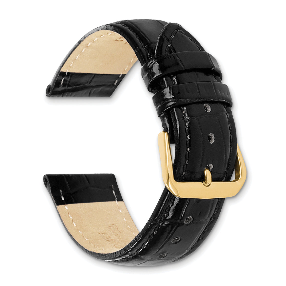 10mm Black Crocodile Grain Leather with Dark Stitching and Gold-tone Buckle 6.75 inch Watch Band
