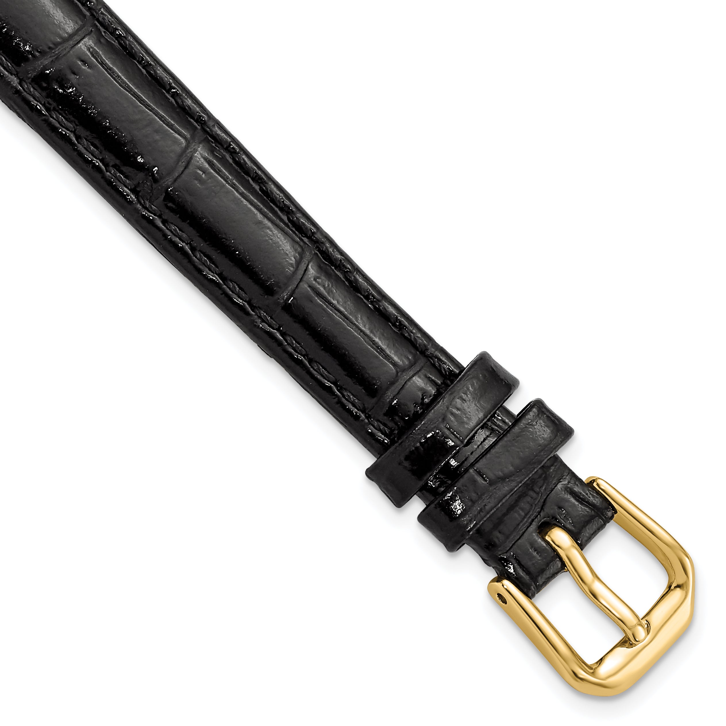 DeBeer 12mm Black Crocodile Grain Leather with Dark Stitching and Gold-tone Buckle 6.75 inch Watch Band