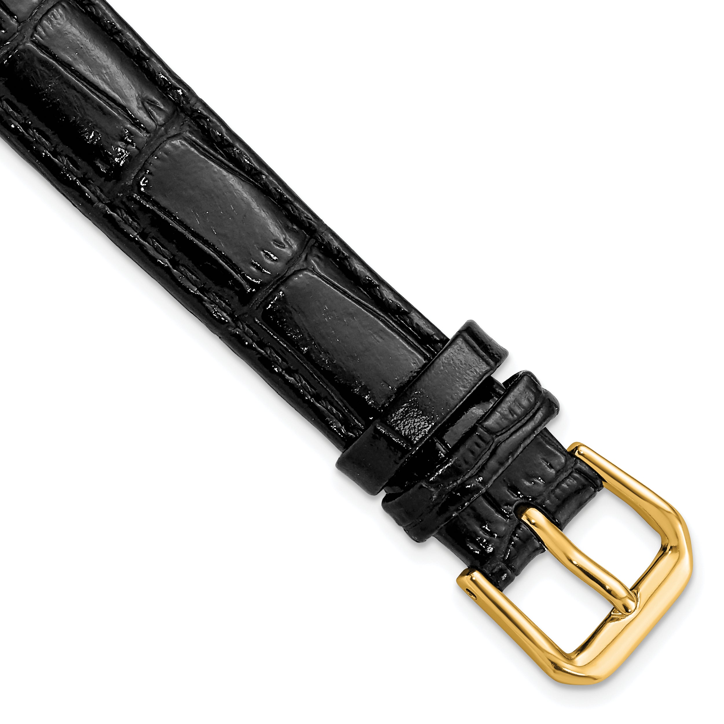 DeBeer 14mm Black Crocodile Grain Leather with Dark Stitching and Gold-tone Buckle 6.75 inch Watch Band