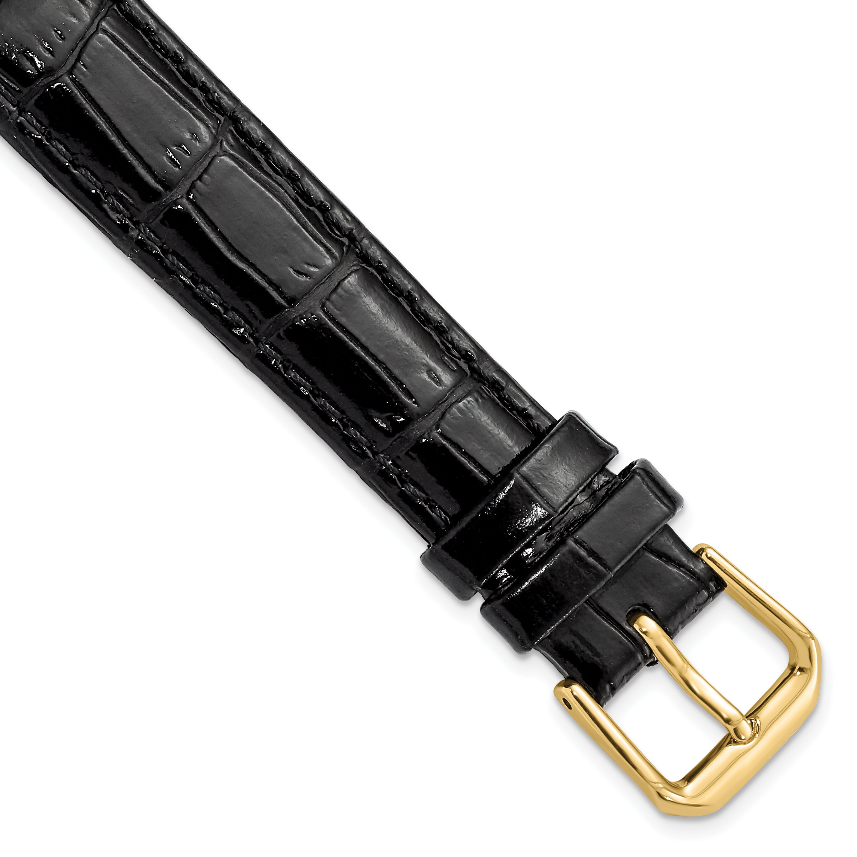 DeBeer 16mm Black Crocodile Grain Leather with Dark Stitching and Gold-tone Buckle 7.5 inch Watch Band
