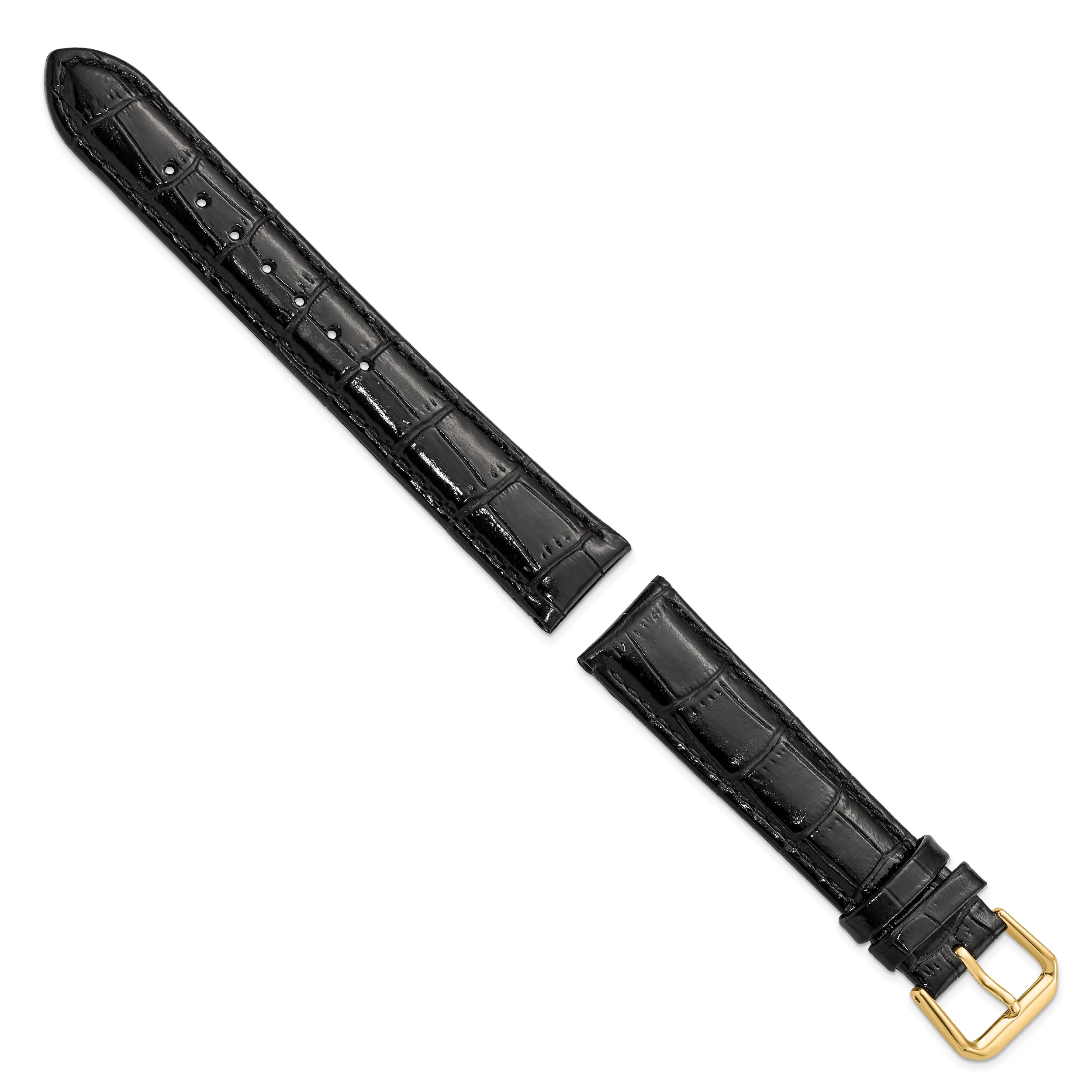 10mm Black Crocodile Grain Leather with Dark Stitching and Gold-tone Buckle 6.75 inch Watch Band