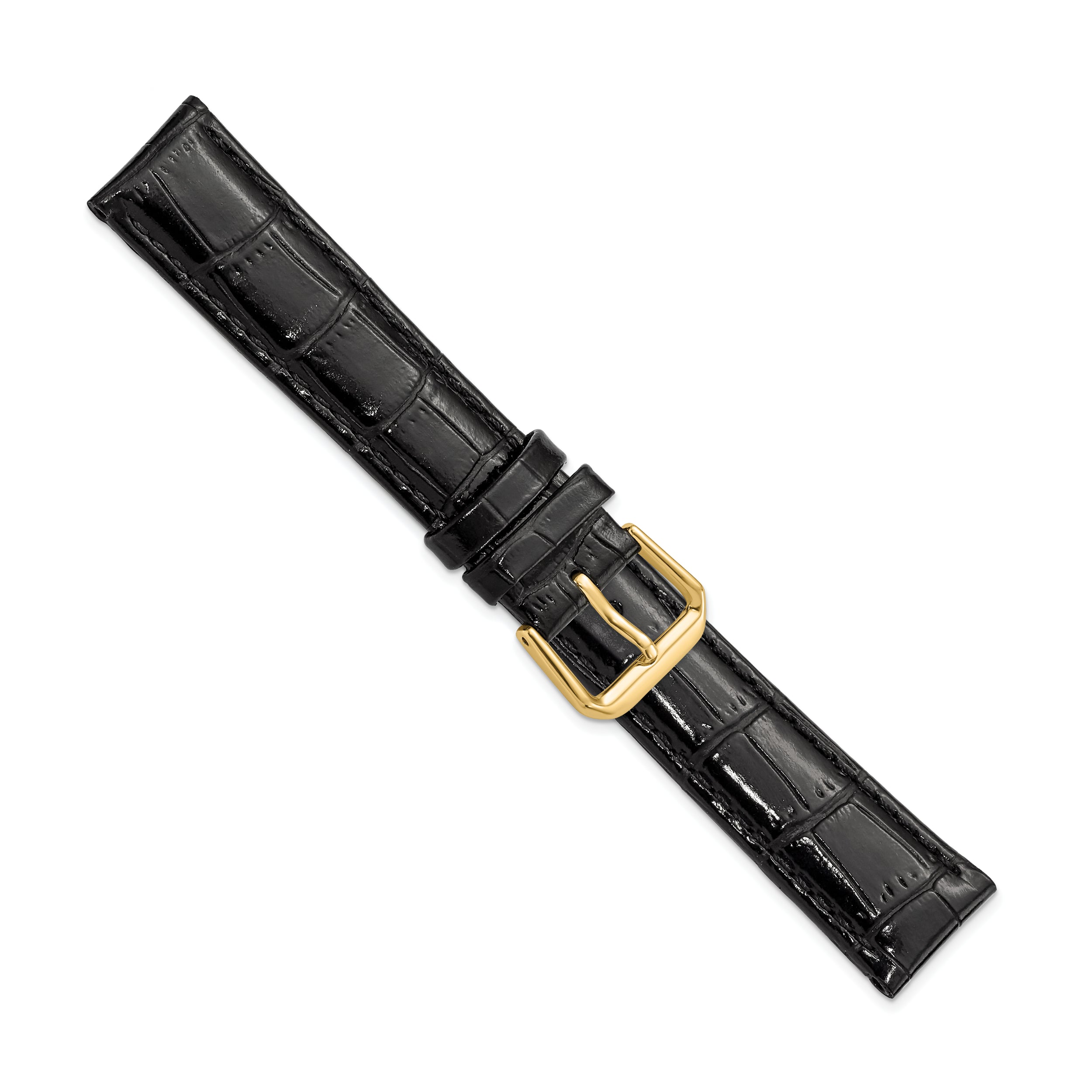 10mm Black Crocodile Grain Leather with Dark Stitching and Gold-tone Buckle 6.75 inch Watch Band