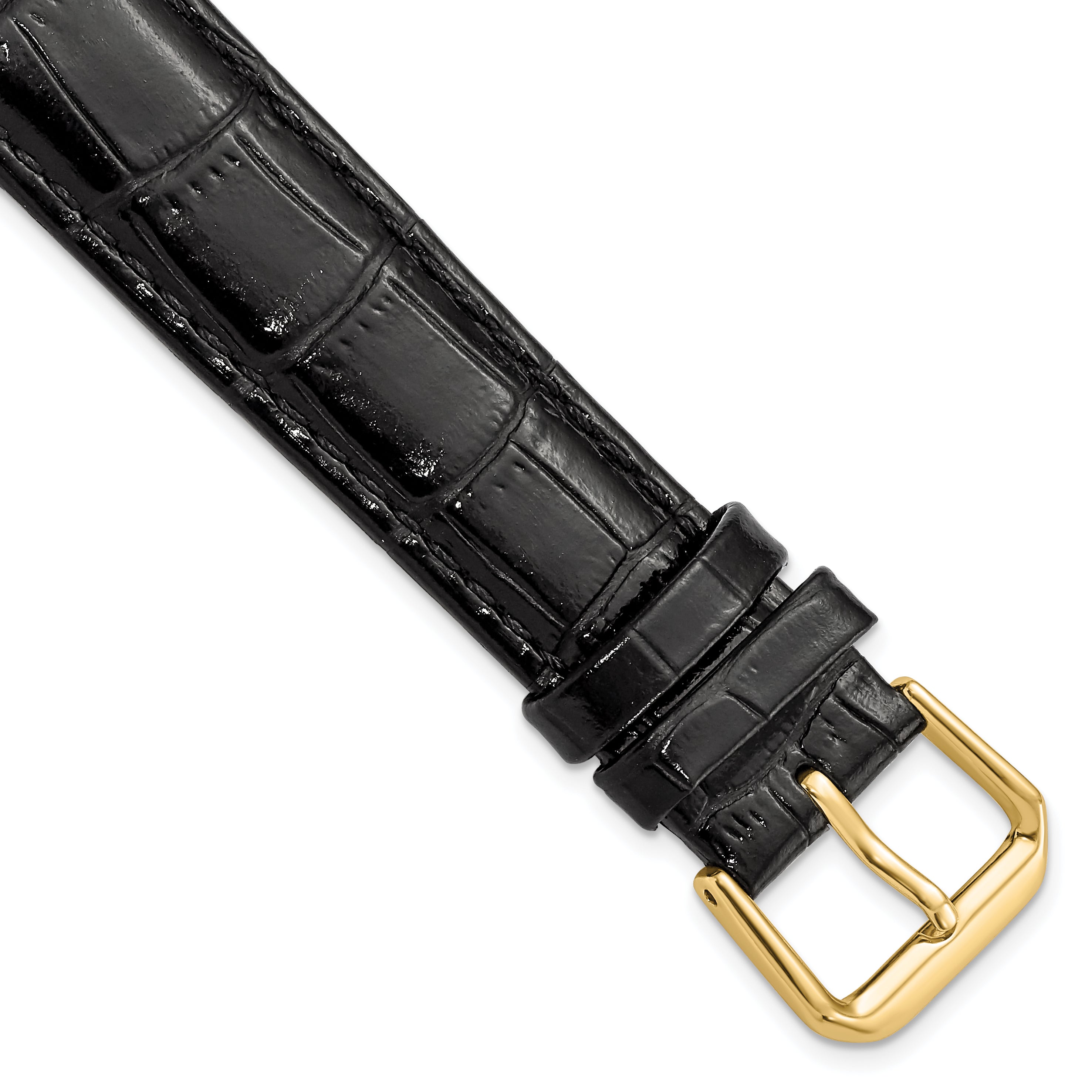 DeBeer 18mm Black Crocodile Grain Leather with Dark Stitching and Gold-tone Buckle 7.5 inch Watch Band