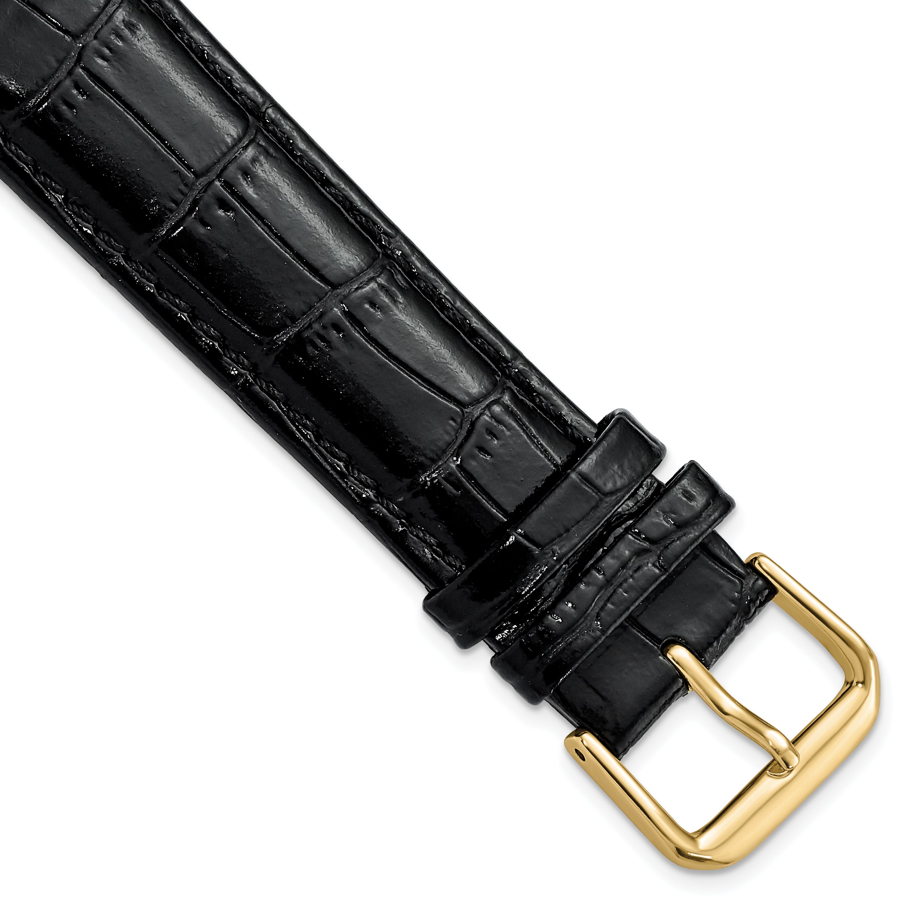 DeBeer 20mm Black Crocodile Grain Leather with Dark Stitching and Gold-tone Buckle 7.5 inch Watch Band