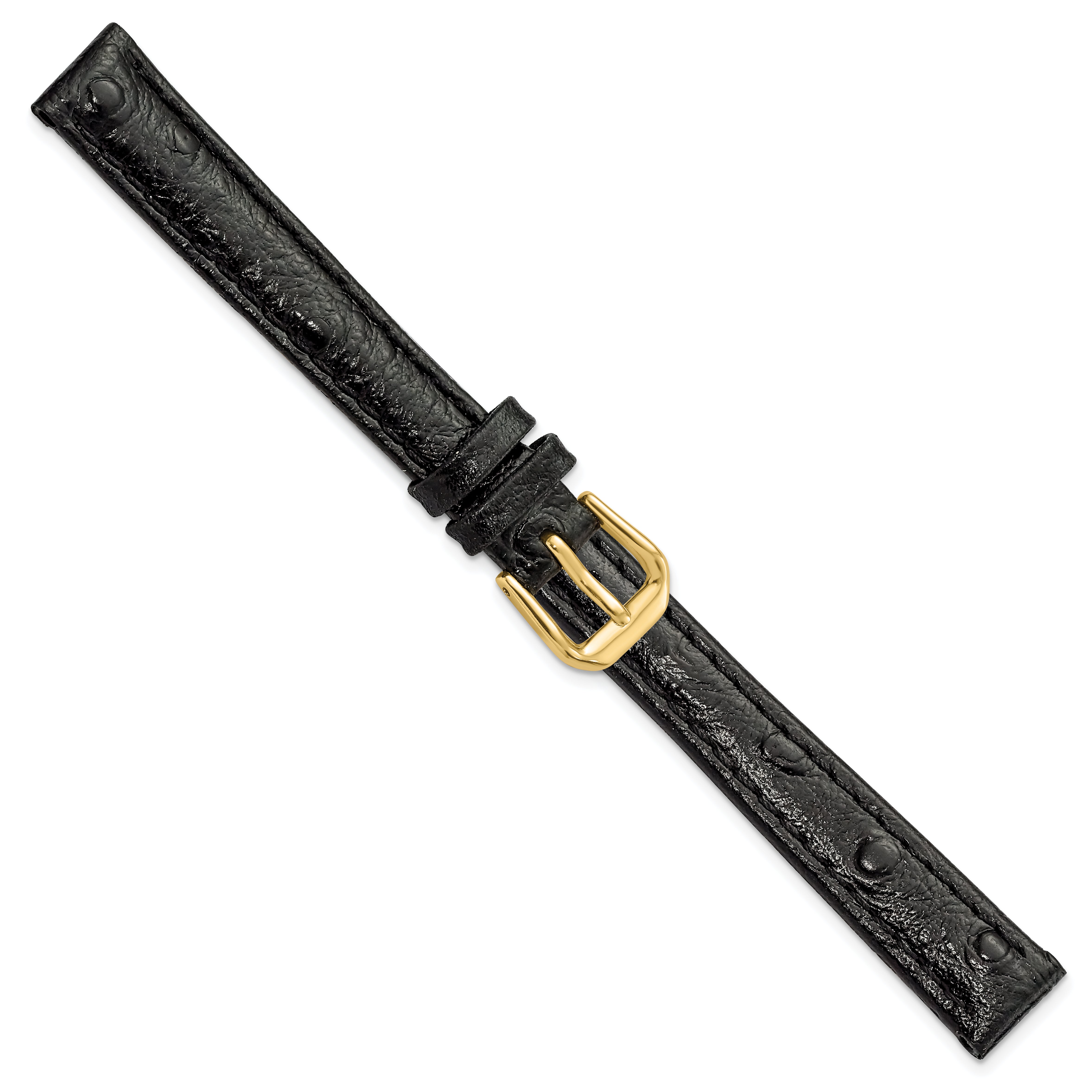 12mm Black Ostrich Grain Leather with Gold-tone Buckle 6.75 inch Watch Band
