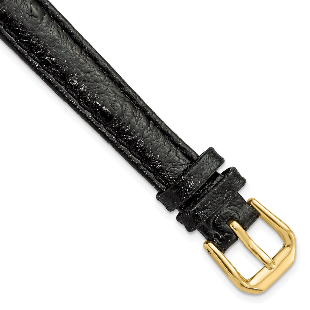 DeBeer 12mm Black Ostrich Grain Leather with Gold-tone Buckle 6.75 inch Watch Band