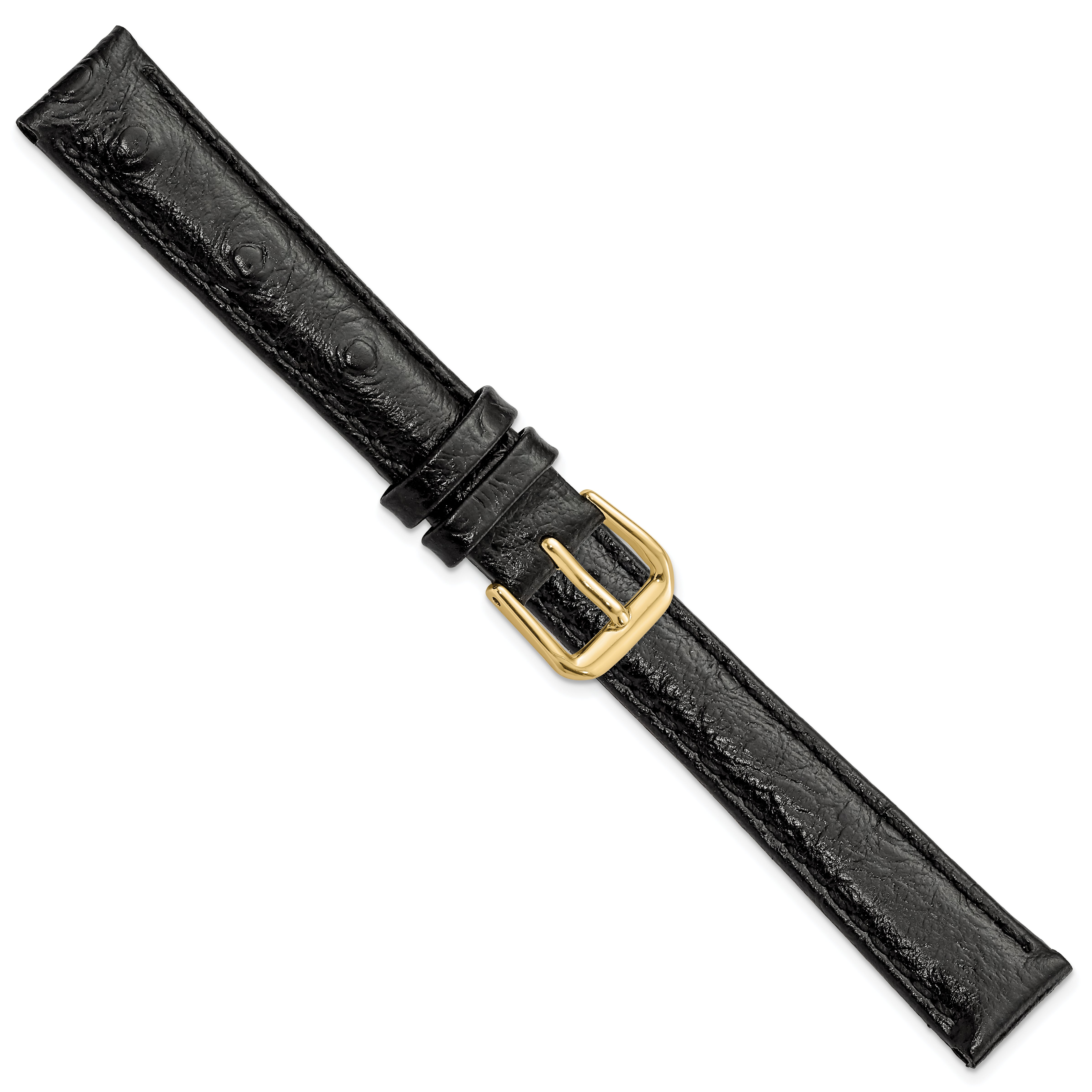 12mm Black Ostrich Grain Leather with Gold-tone Buckle 6.75 inch Watch Band - 12 / 6.75