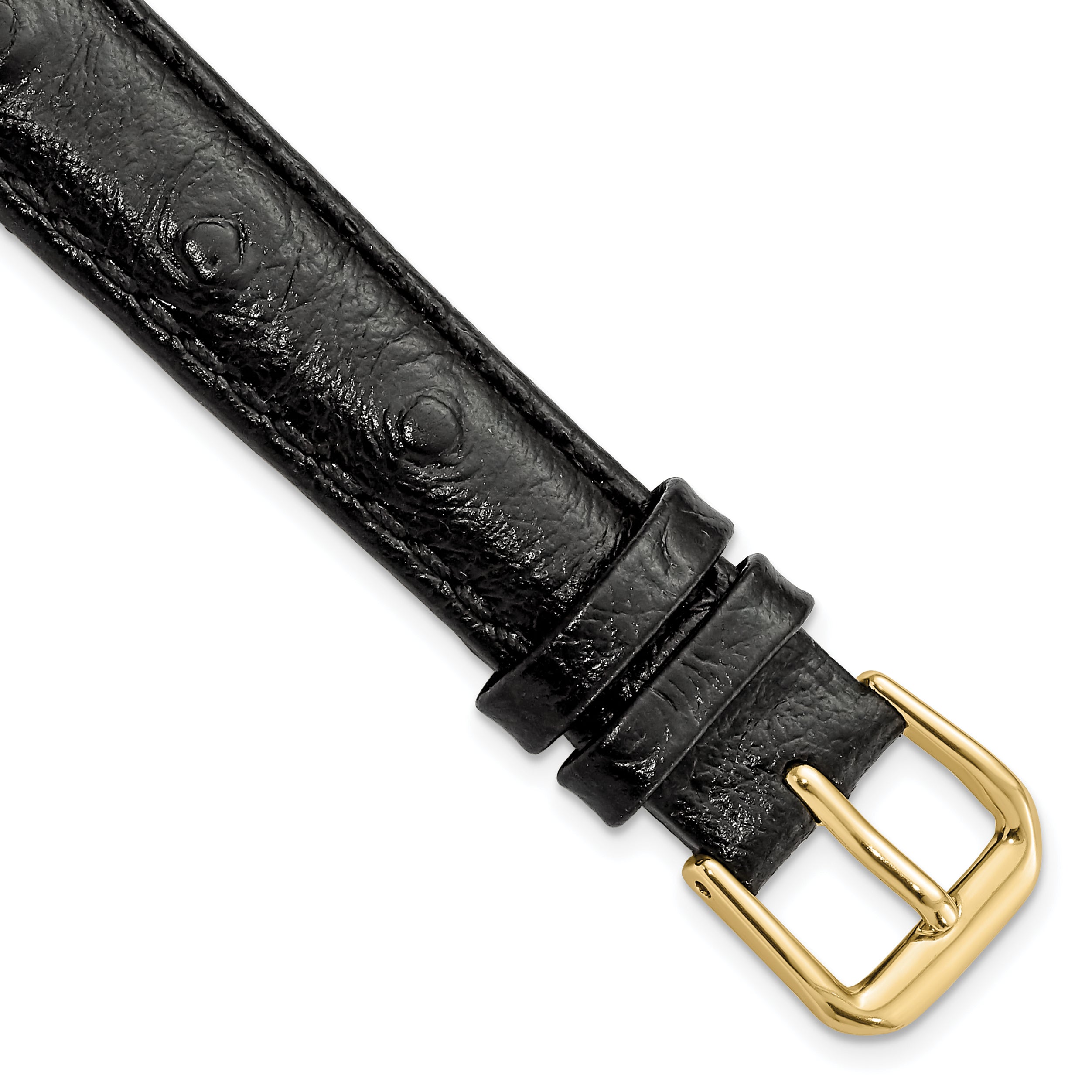 DeBeer 14mm Black Ostrich Grain Leather with Gold-tone Buckle 6.75 inch Watch Band
