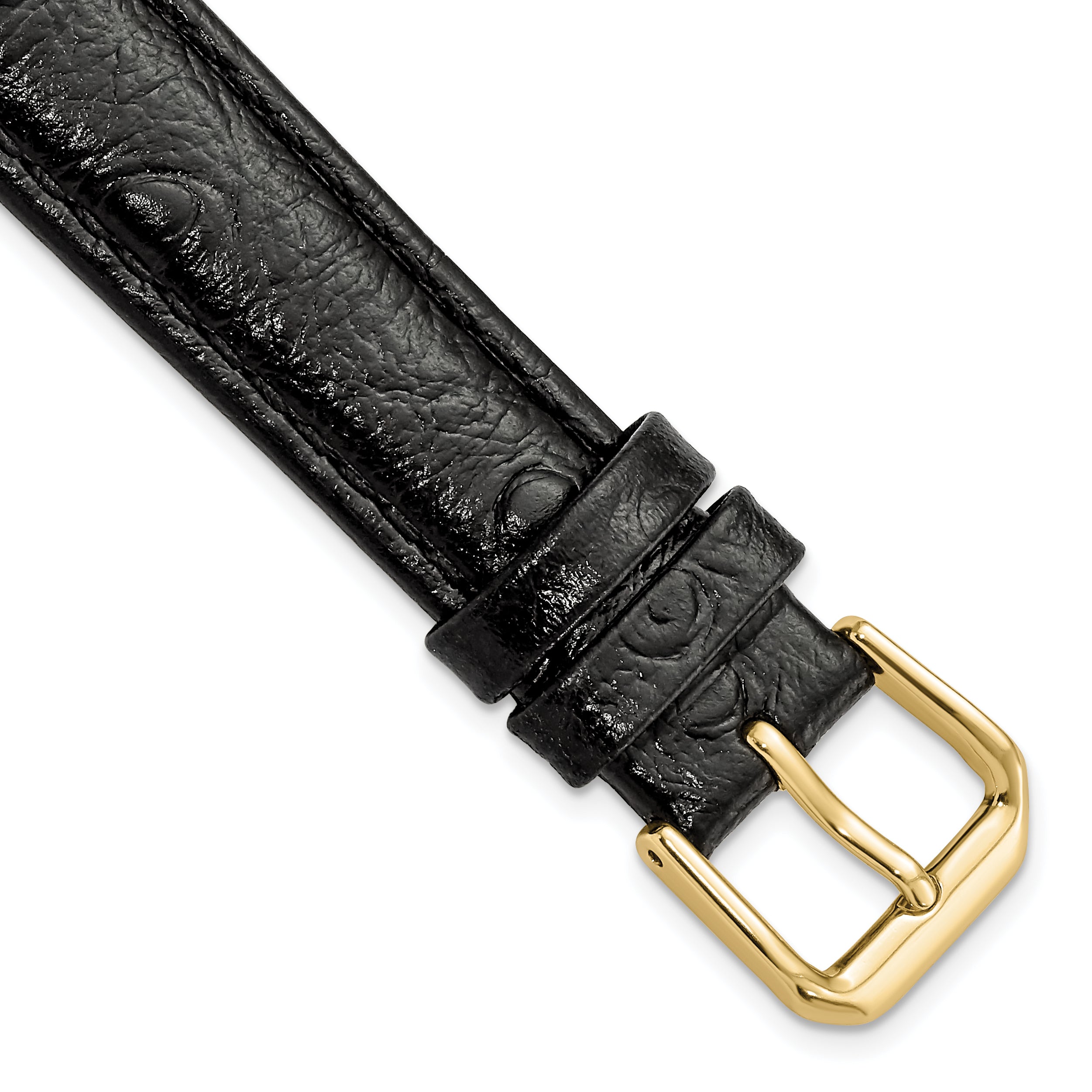DeBeer 16mm Black Ostrich Grain Leather with Gold-tone Buckle 7.5 inch Watch Band