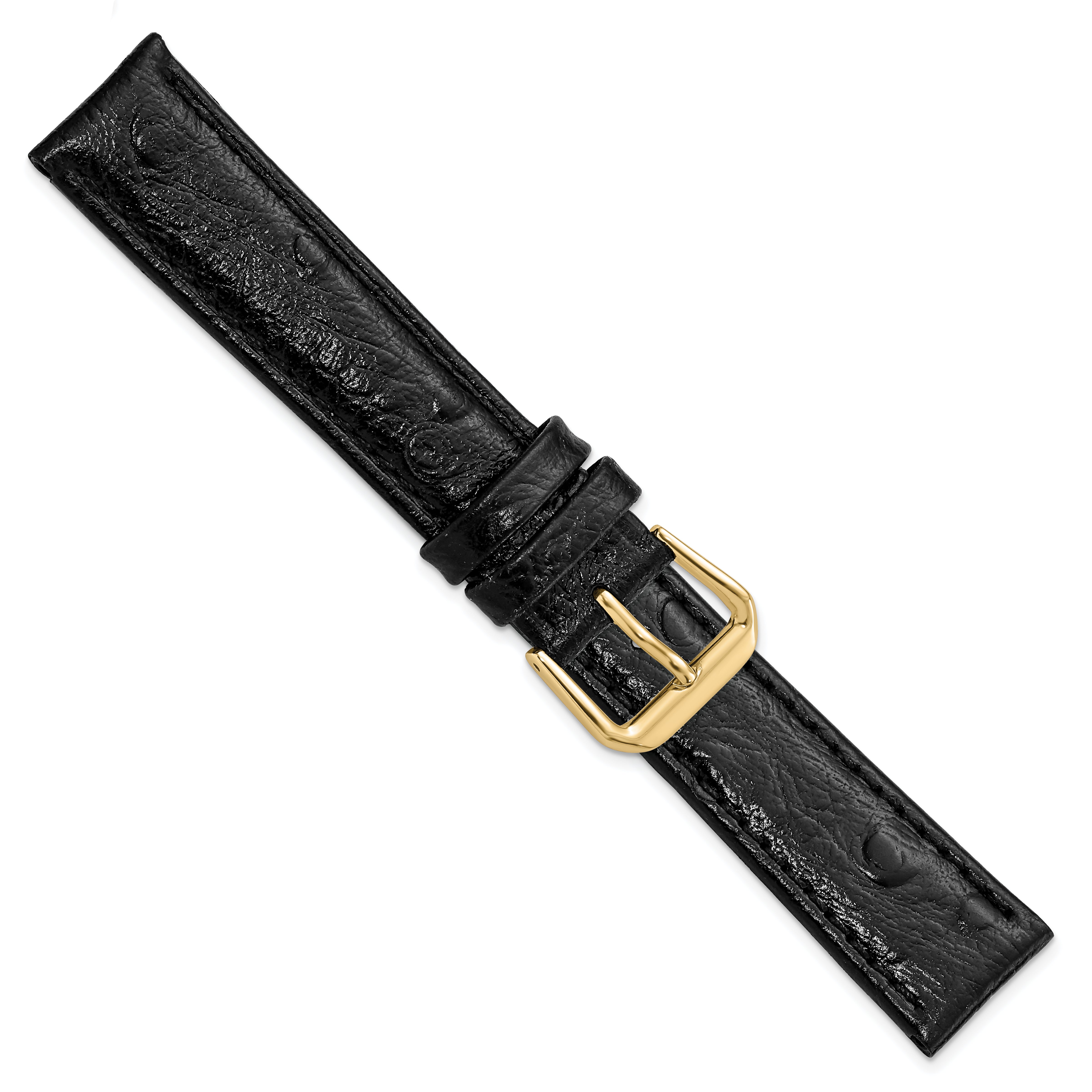 12mm Black Ostrich Grain Leather with Gold-tone Buckle 6.75 inch Watch Band