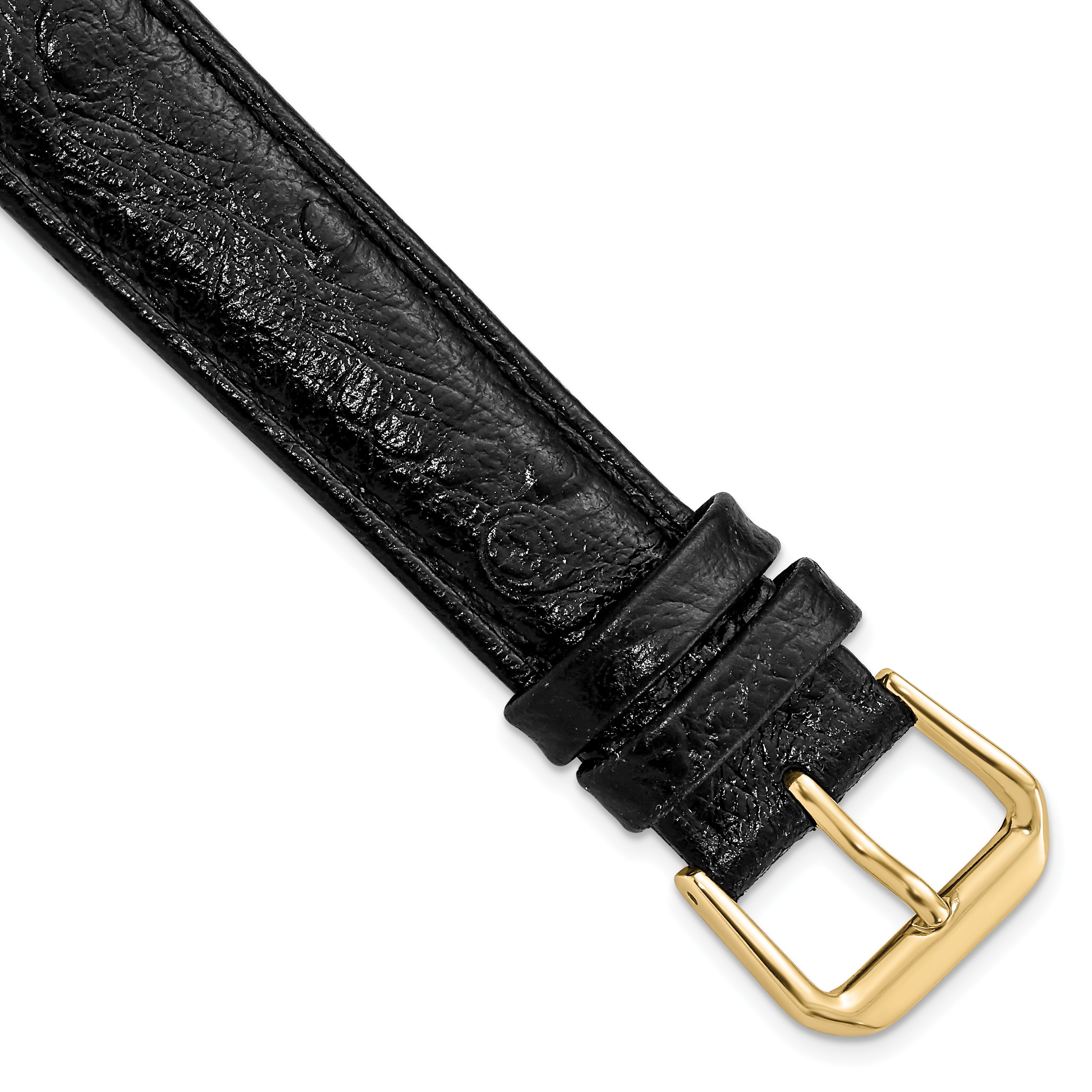 DeBeer 18mm Black Ostrich Grain Leather with Gold-tone Buckle 7.5 inch Watch Band