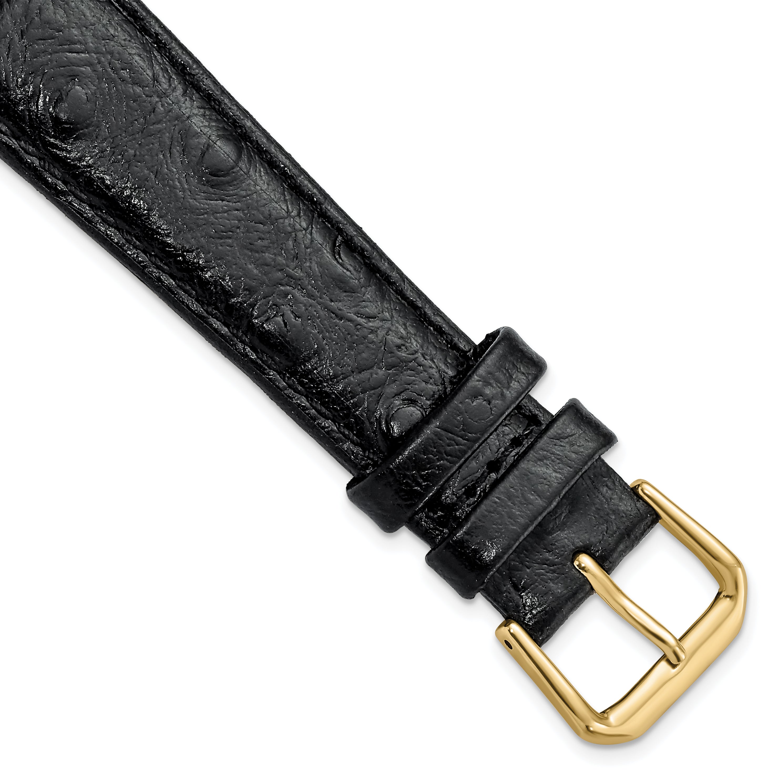 DeBeer 19mm Black Ostrich Grain Leather with Gold-tone Buckle 7.5 inch Watch Band