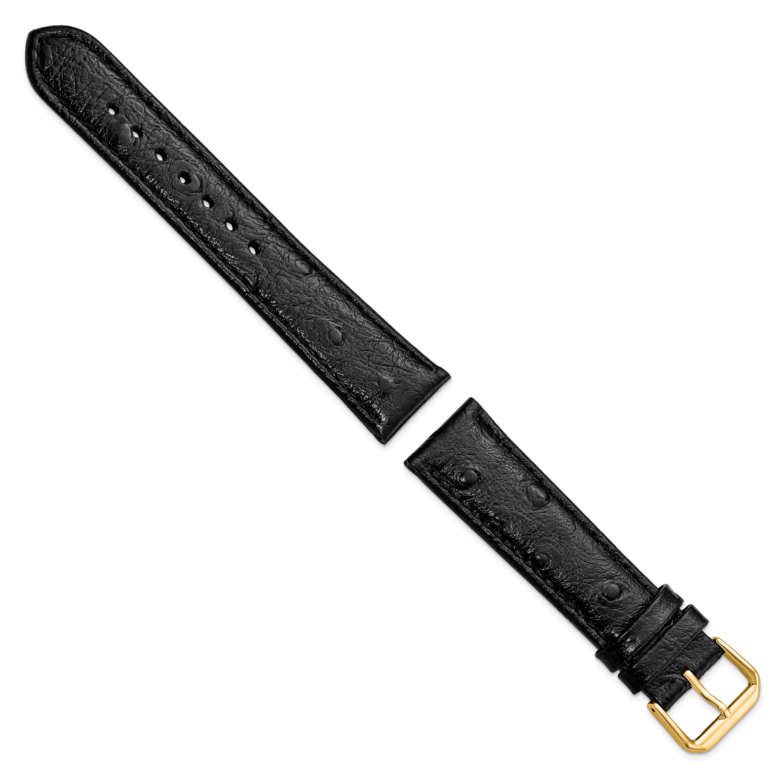 12mm Black Ostrich Grain Leather with Gold-tone Buckle 6.75 inch Watch Band