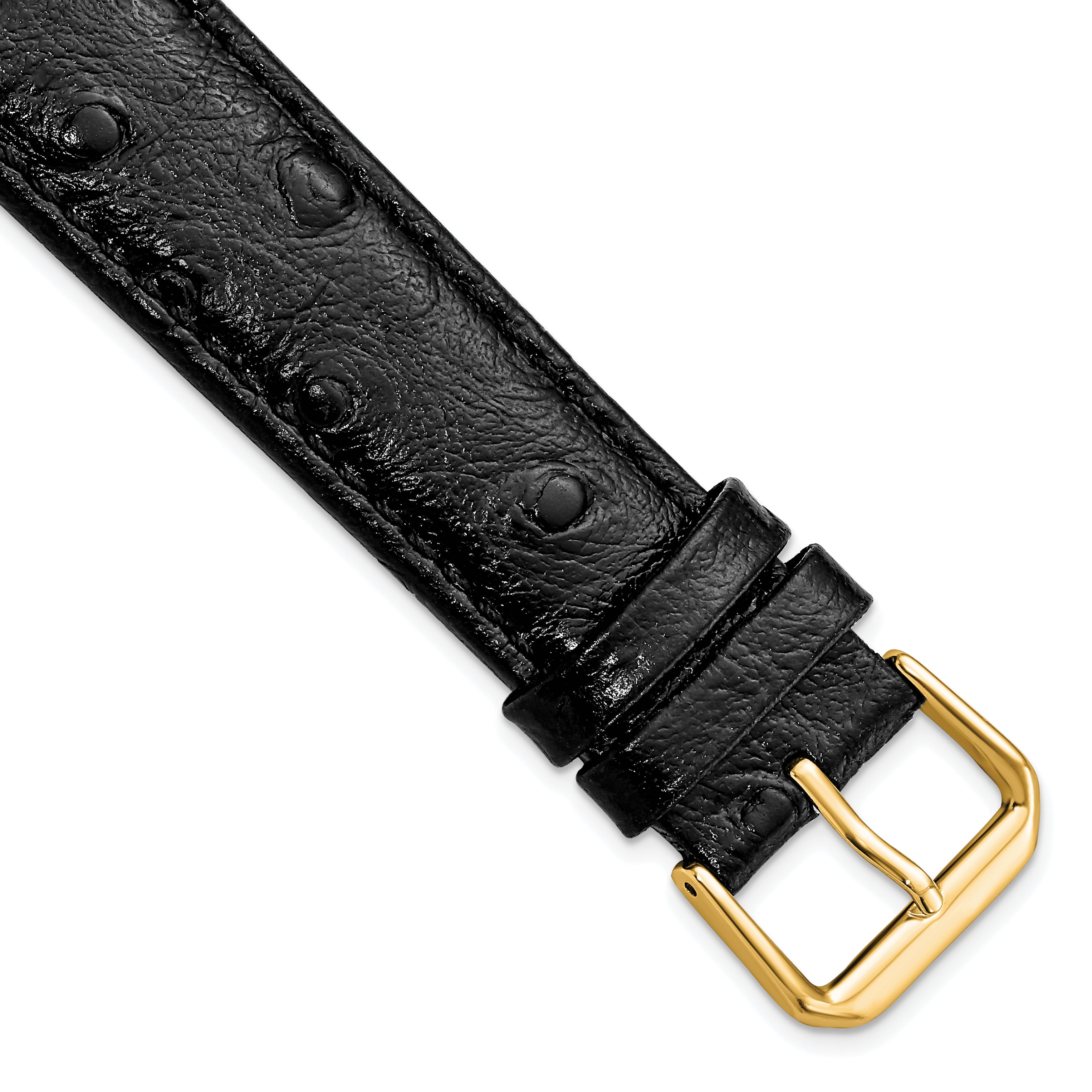 DeBeer 20mm Black Ostrich Grain Leather with Gold-tone Buckle 7.5 inch Watch Band