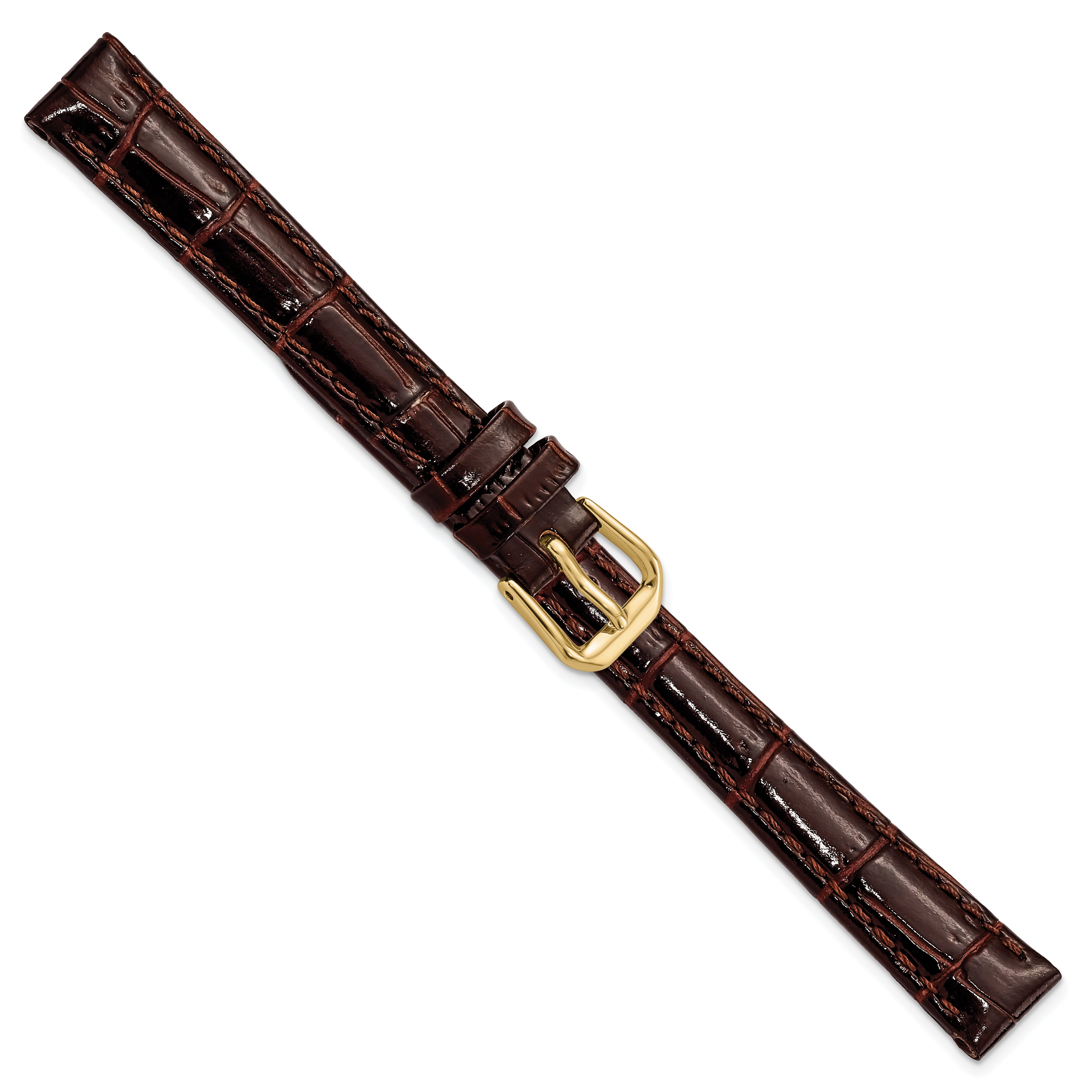 10mm Brown Crocodile Grain Leather with Dark Stitching and Gold-tone Buckle 6.75 inch Watch Band