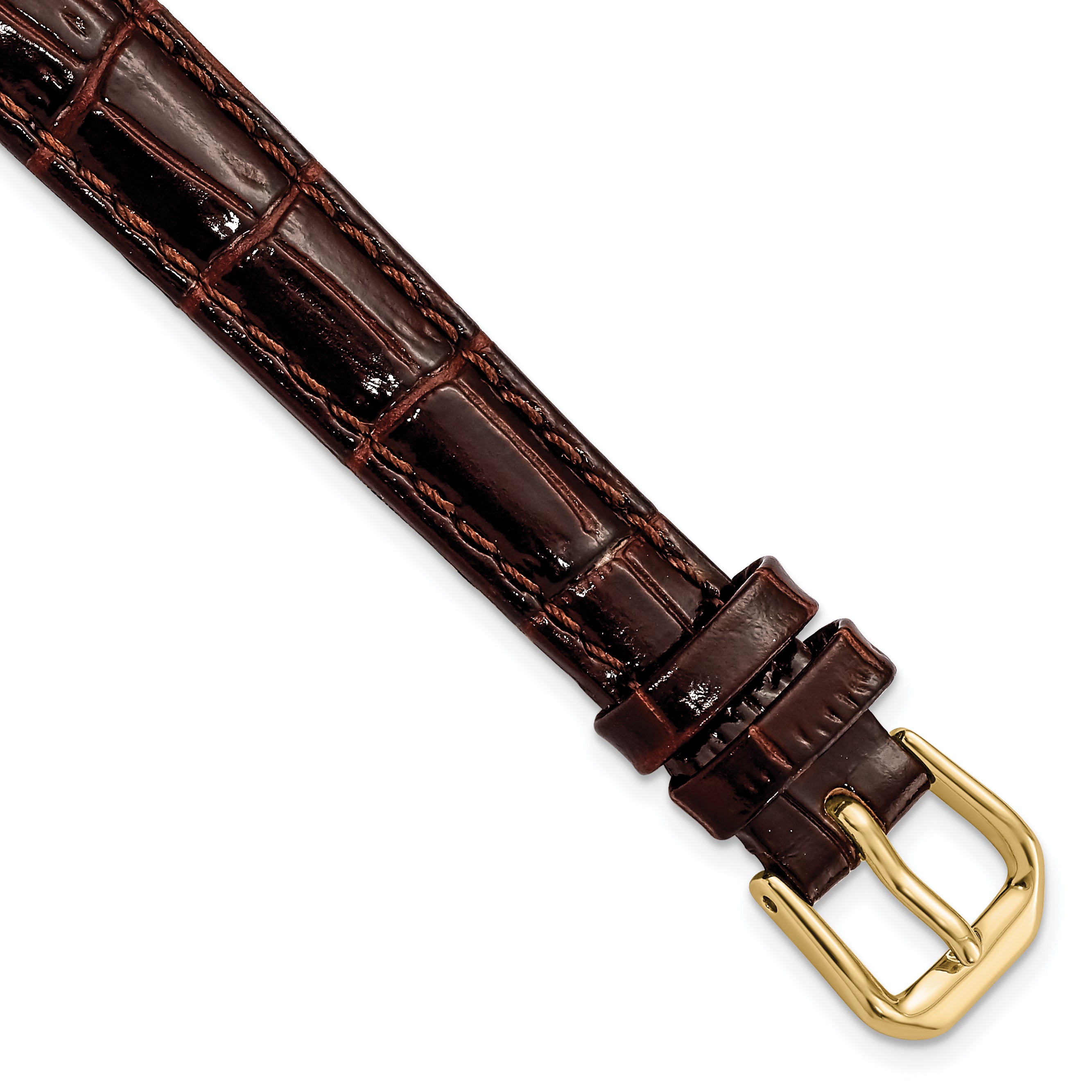 DeBeer 12mm Brown Crocodile Grain Leather with Dark Stitching and Gold-tone Buckle 6.75 inch Watch Band