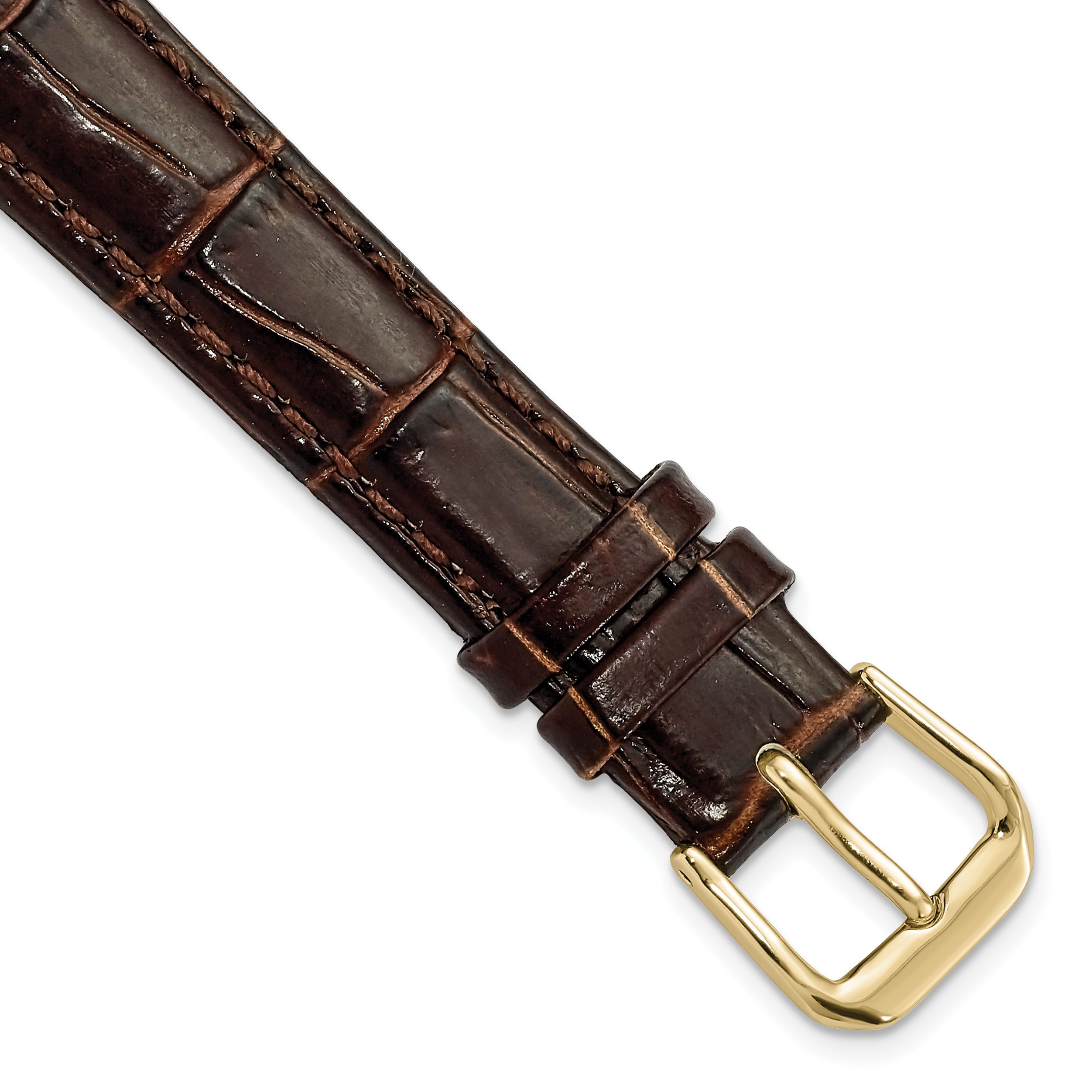 DeBeer 14mm Brown Crocodile Grain Leather with Dark Stitching and Gold-tone Buckle 6.75 inch Watch Band