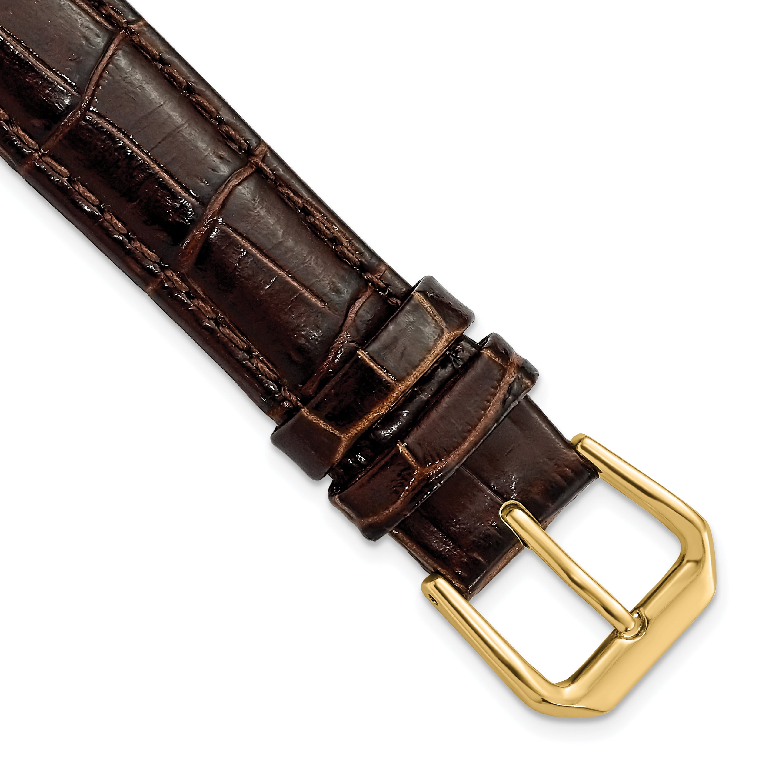 DeBeer 16mm Brown Crocodile Grain Leather with Dark Stitching and Gold-tone Buckle 7.5 inch Watch Band