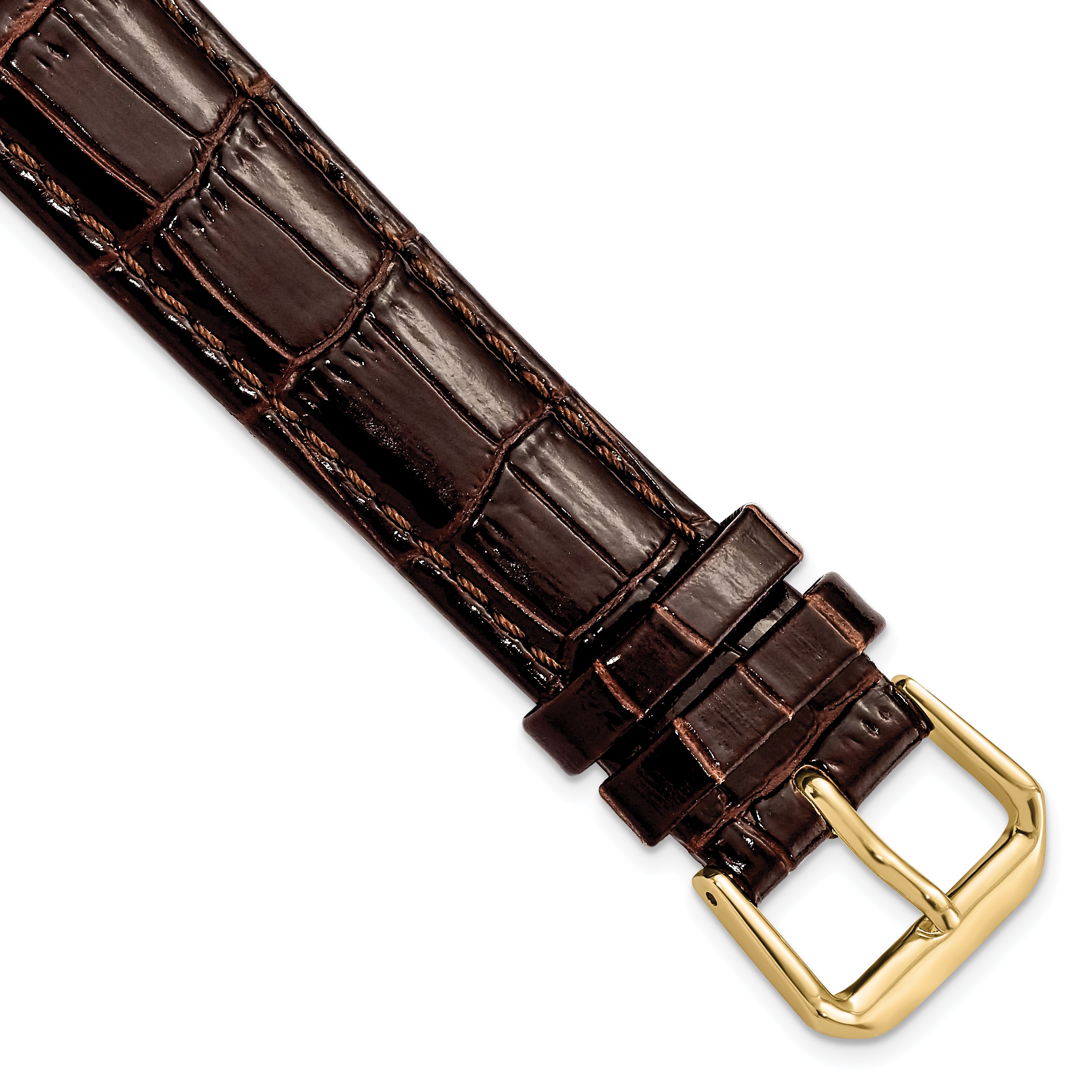 DeBeer 18mm Brown Crocodile Grain Leather with Dark Stitching and Gold-tone Buckle 7.5 inch Watch Band