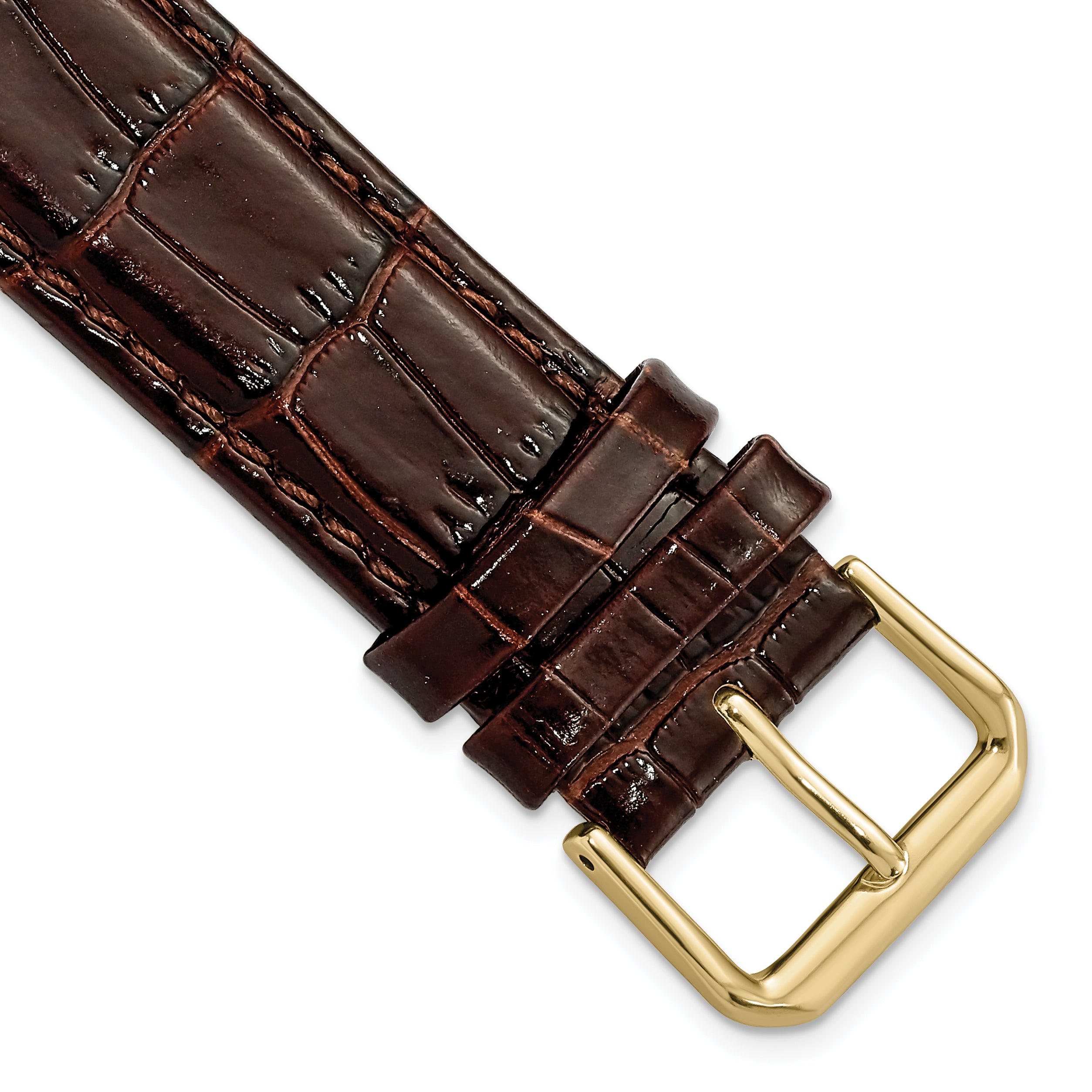 DeBeer 19mm Brown Crocodile Grain Leather with Dark Stitching and Gold-tone Buckle 7.5 inch Watch Band